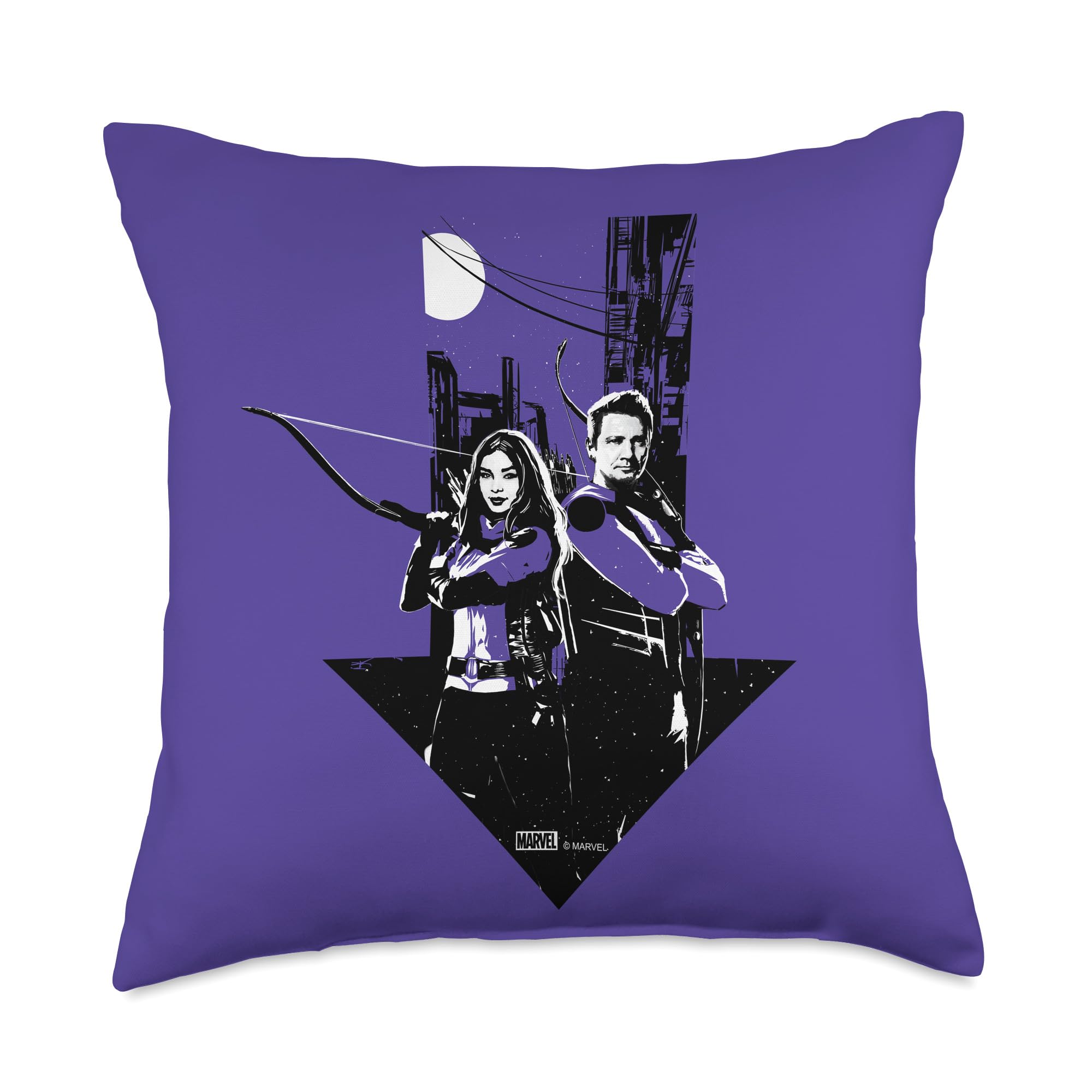 Coussin violet Hawkeye imprimé double face motifs Clint et Kate 45x45