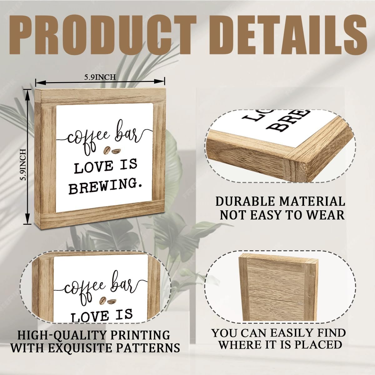 Coffee Bar Sign, Tabletop Decor, Coffee Bar Love is Brewing Sign, Rustic Wood Cafe Station Decor, Box Signs Wooden Desk Decorations, Funny Decorative Wooden Plaque 5.9X5.9X0.7inches image 2
