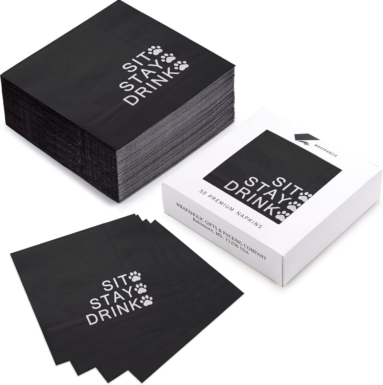 WRAPAHOLIC 50Pcs Dog Paw Napkins - 3-Ply Disposable Paper Cocktail Napkin for Puppy Party Supplies Tableware, Black with White Letter & Dog Paw - 5 x 5 In