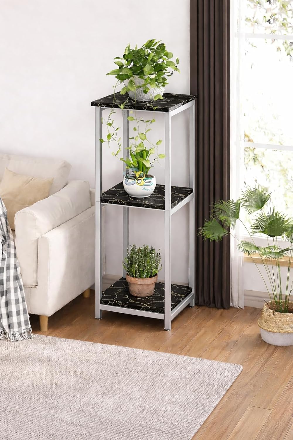 Brown Art Shoppee Plant Stand Indoor Outdoor,Tall Metal Plant Stands, 3 tier Flower Pot Plant Holder, Modern Plant Shelf for Corner Living Room Garden Balcon (Silver & Black)-image-43