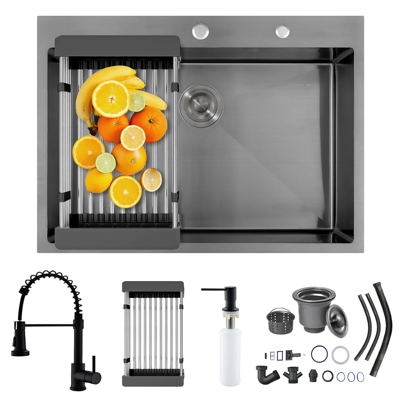 Black Kitchen Sink 70x45cm Workstation Stainless Steel Drop-in Single Bowl