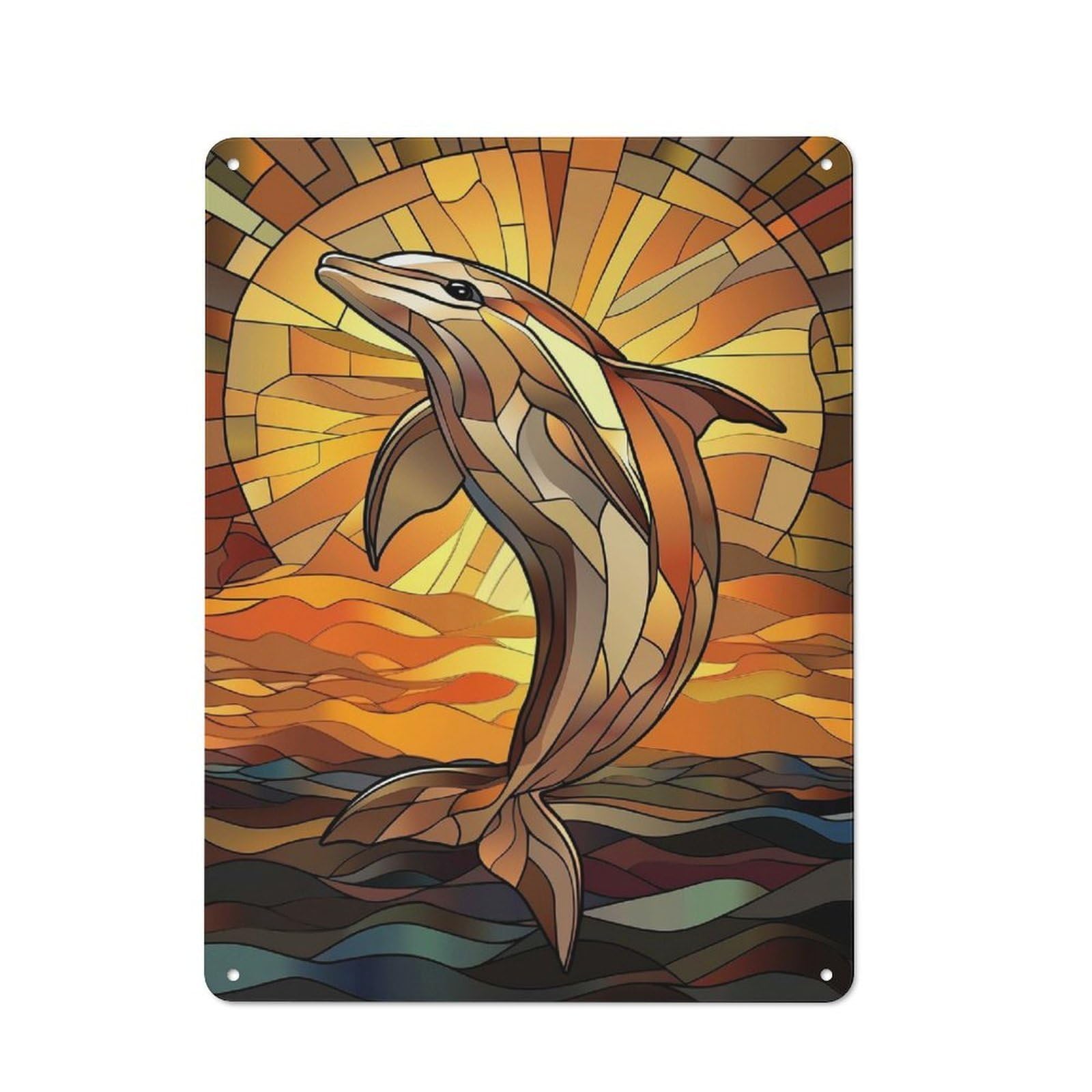 Junmoney Style-6 Tin Wall Plaque 40X30cm With Dolphin Sunset Stained Glass For Hobby Room Or Studio, For Kitchen, Dining Room And Home Bar Wall Decor