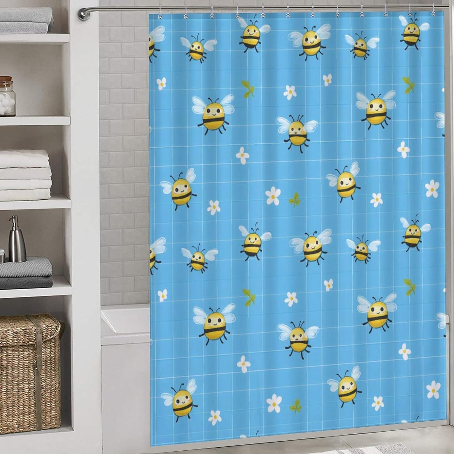 Bees Blue Checked Background Bath Curtain Waterproof Shower Curtains with Hooks for Bathroom Showers and Bathtubs 64.17x70.87Inch（163x180cm）
