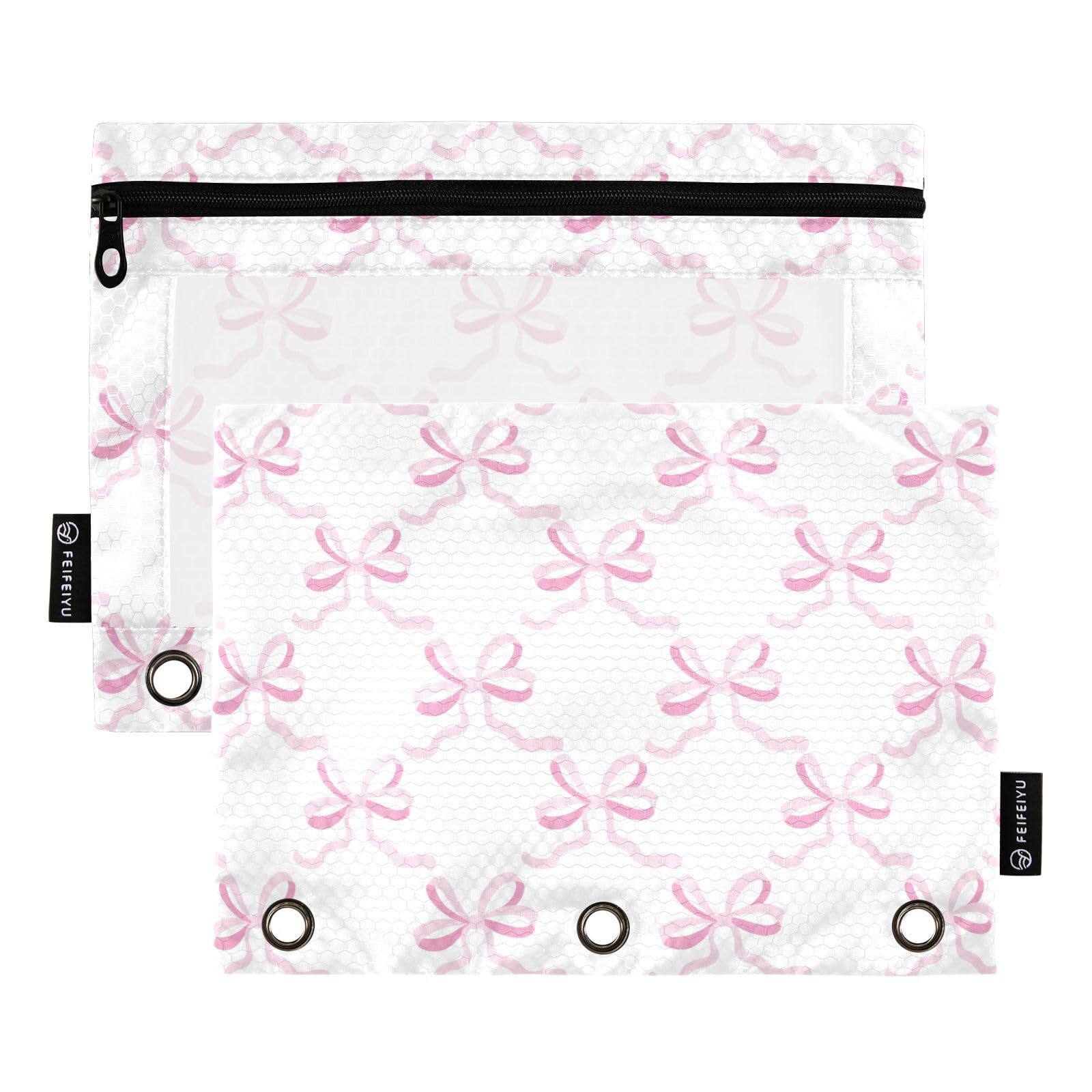 KICPOAY Pencil Pouch for 3 Ring Binder Coquette Ribbon Bow Pink 2 Pack Clear Window Pencil Bags with Zipper Pencil Case