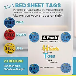 Etiquetas de marcação de lençol 2 em 1 - King, Queen ou casal. Para cada tamanho, escolha um design. Além de identificação rápida para colocar seus lençóis de cama na direita, ótimas ideias de