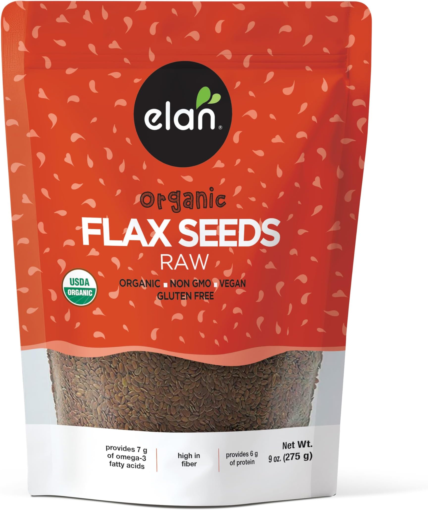 Elan Organic Flax Seed, 9 oz, Whole Seeds, Raw Seeds, Non-GMO, Vegan, Gluten-Free, Kosher, High in Fiber, Gels Easily