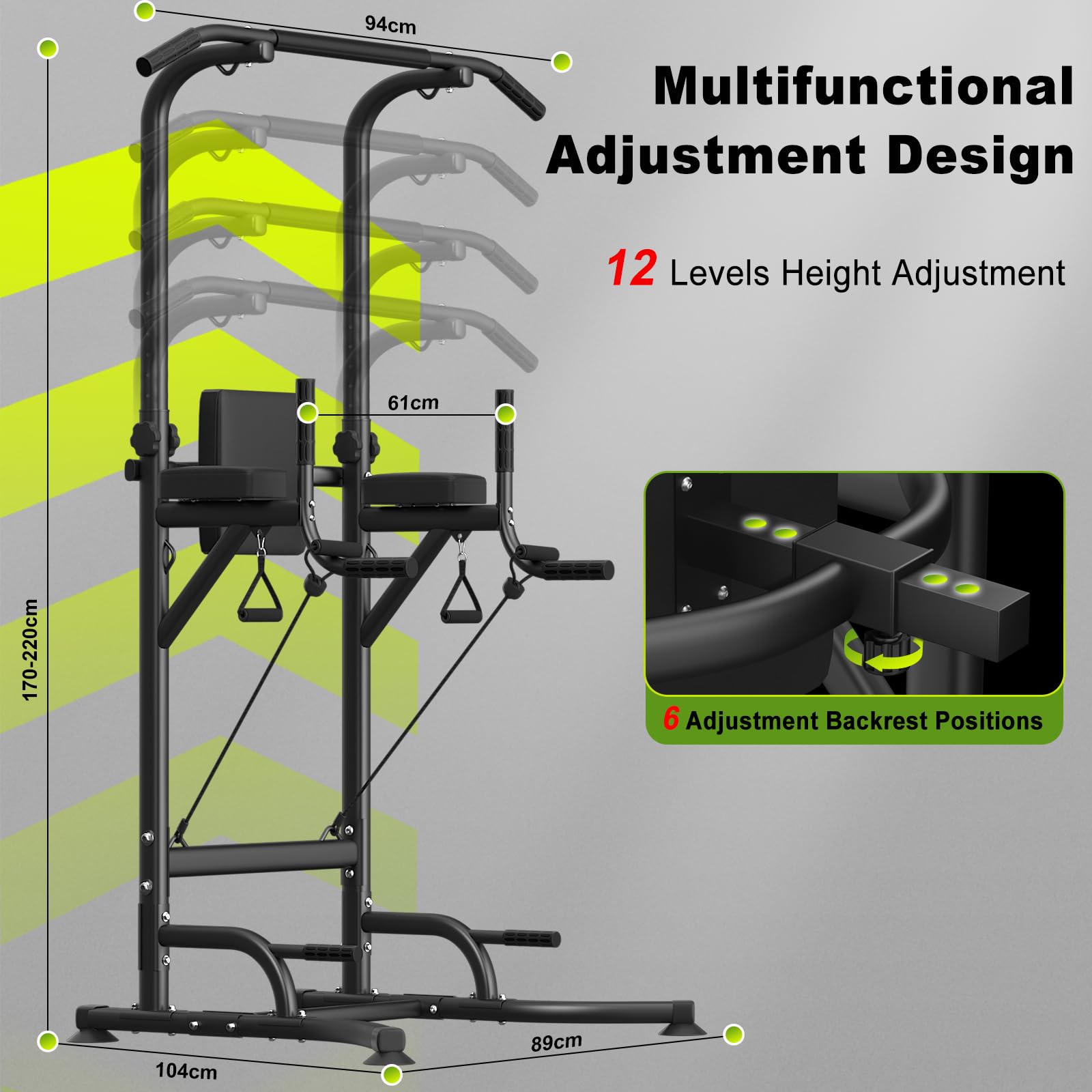 Power Tower Dip Station - Barra per Trazioni Autoportante, Pull Up Bar Regolabile in Altezza da 170 a 220 cm, Multifunzione per Allenamento a Casa/Outdoor
