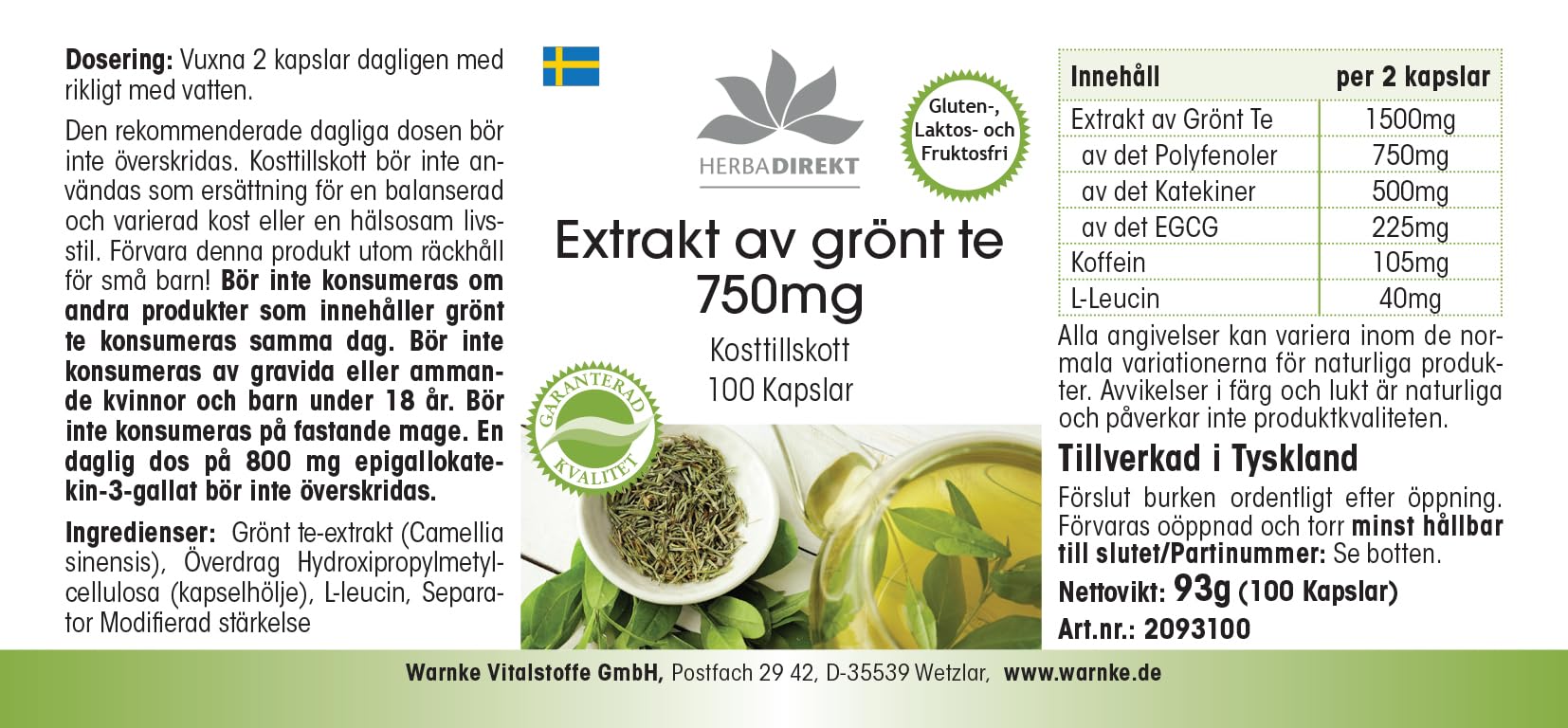 Estratto di tè verde 750 mg capsule - 100 capsule - polifenoli - catechine - EGCG - caffeina - ad alto dosaggio - vegano | HERBADIREKT by Warnke Vitalstoffe - Qualità farmaceutica tedesca