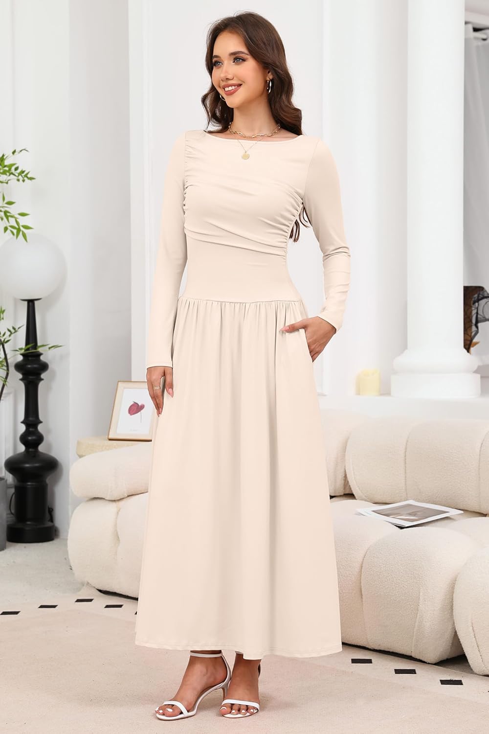 Women's 2025 Fall Long Sleeve Maxi Dress Crewneck Elegant Ruched Waist Casual Slim Pleated A Line Flowy Long Dresses - Image 6