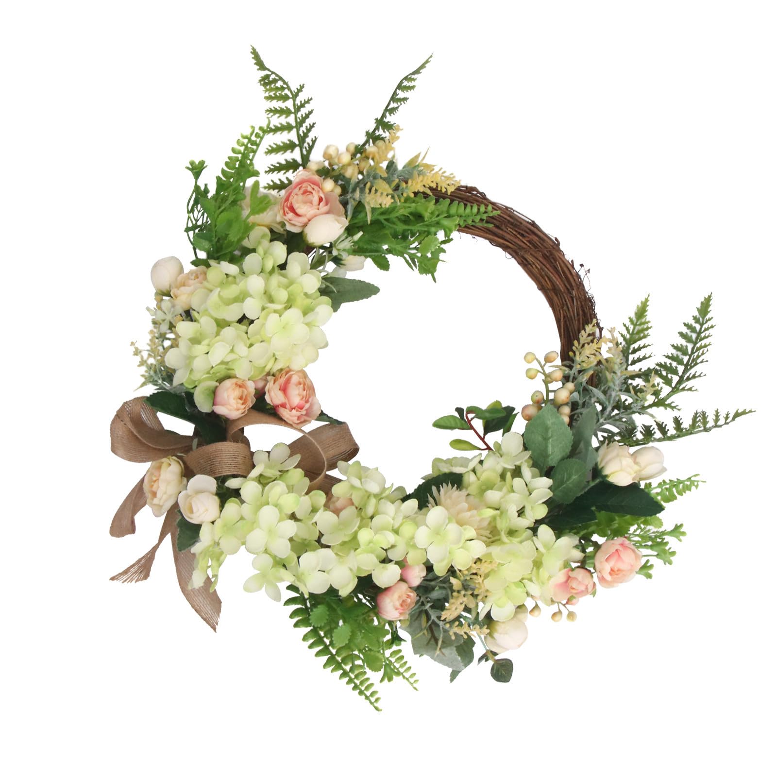 GARVALON Künstlicher Hortensienkranz 35 cm Türkranz mit Eukalyptus und Rosen, langlebiger Dekokranz für Fensterdeko Frühling Sommer, vielseitiger hängender Girlanden-Schmuck für Haus und Garten