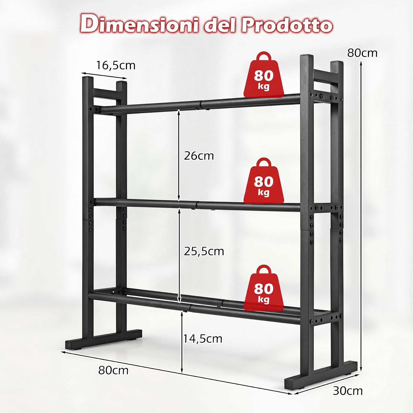 COSTWAY Rastrelliera Manubri a 3 Livelli, Porta Manubri in Metallo con Ripiano Regolabile, Porta Pesi per Palestra, Casa e Garage, 80 x 30 x 80 cm, Capacità di Carico 240 kg,