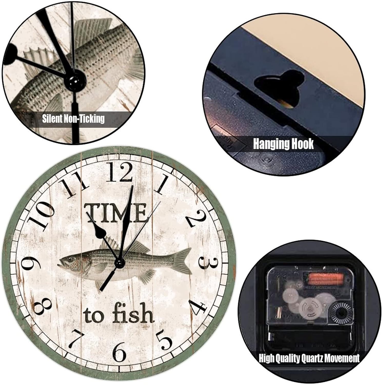 Time to Fish Round Wall Clock 15Inch Round Clocks Striped Bass Beach Decor Ocean Coastal Hanging Wall Clocks Silent Non Ticking Battery Operated Wall Clock Shabby Beach for Kitchen Dinning Room