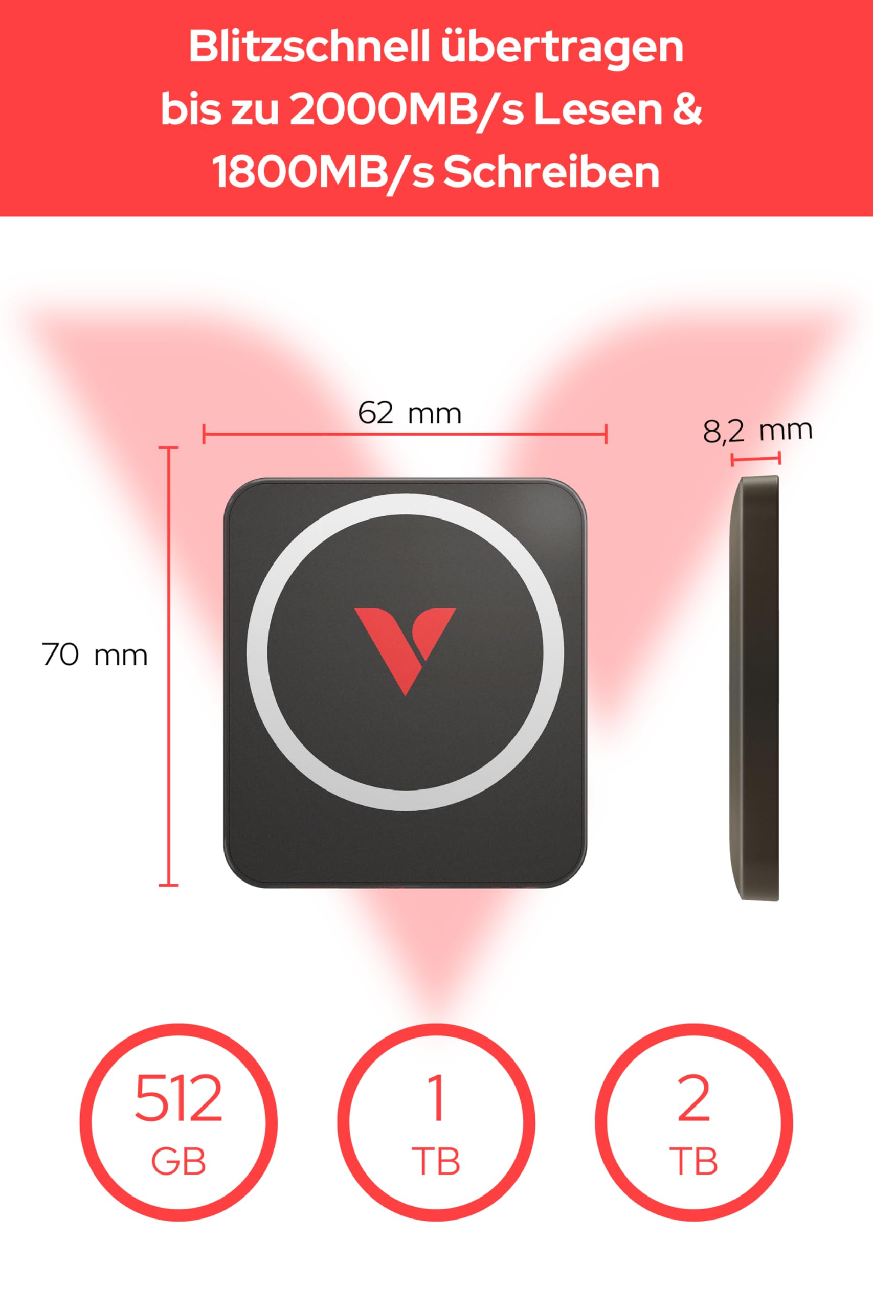 Verbatim Snapback SSD 2TB, SSD esterno, USB 3.2 Gen 2x2, fino a 2000MB/s, lettura e scrittura 1800MB/s, hard disk esterno portatile con cavo USB C da 20 cm, per iPhone, Android, PC e Mac, Mocha