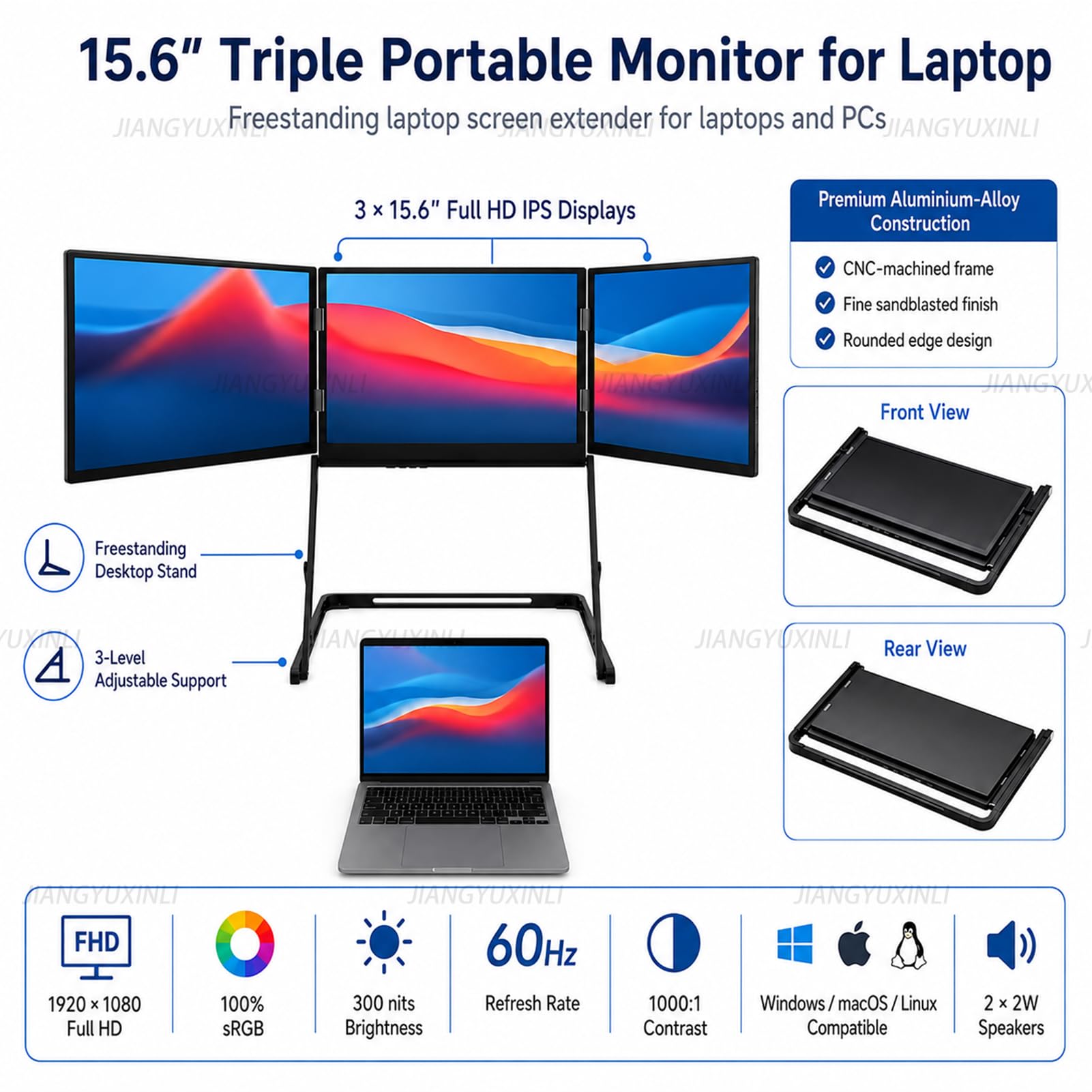 Monitor Triplo per Laptop, 3×15,6 Pollici 1080P IPS per Smart Working | Tre Schermi, 100% sRGB, Luminosità 300 Nit, USB-C HDMI, Supporto Windows/macOS/Linux, Driver Richiesto per Display USB
