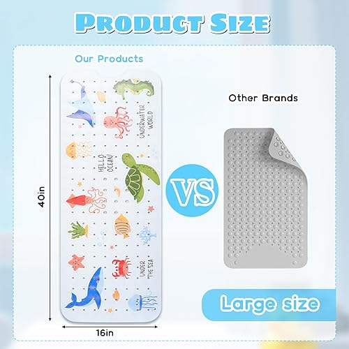 Miniatura 3 de Tapete de baño para bebé para bañera antideslizante, extra largo de 40 x 16 pulgadas, tapete antideslizante con ventosas y orificios de drenaje,