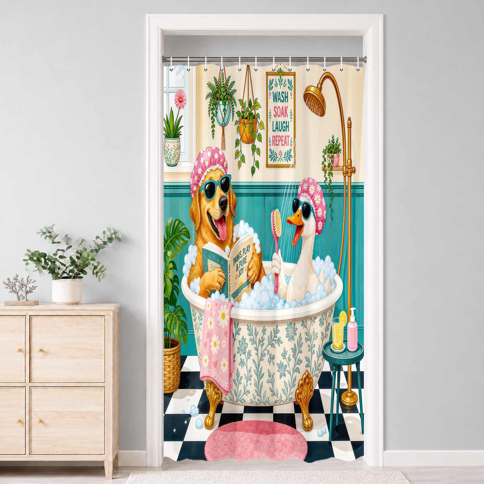 Boziqr Funny Dog Duck Shower Curtain,Cute Animal Spa Bathroom Decor