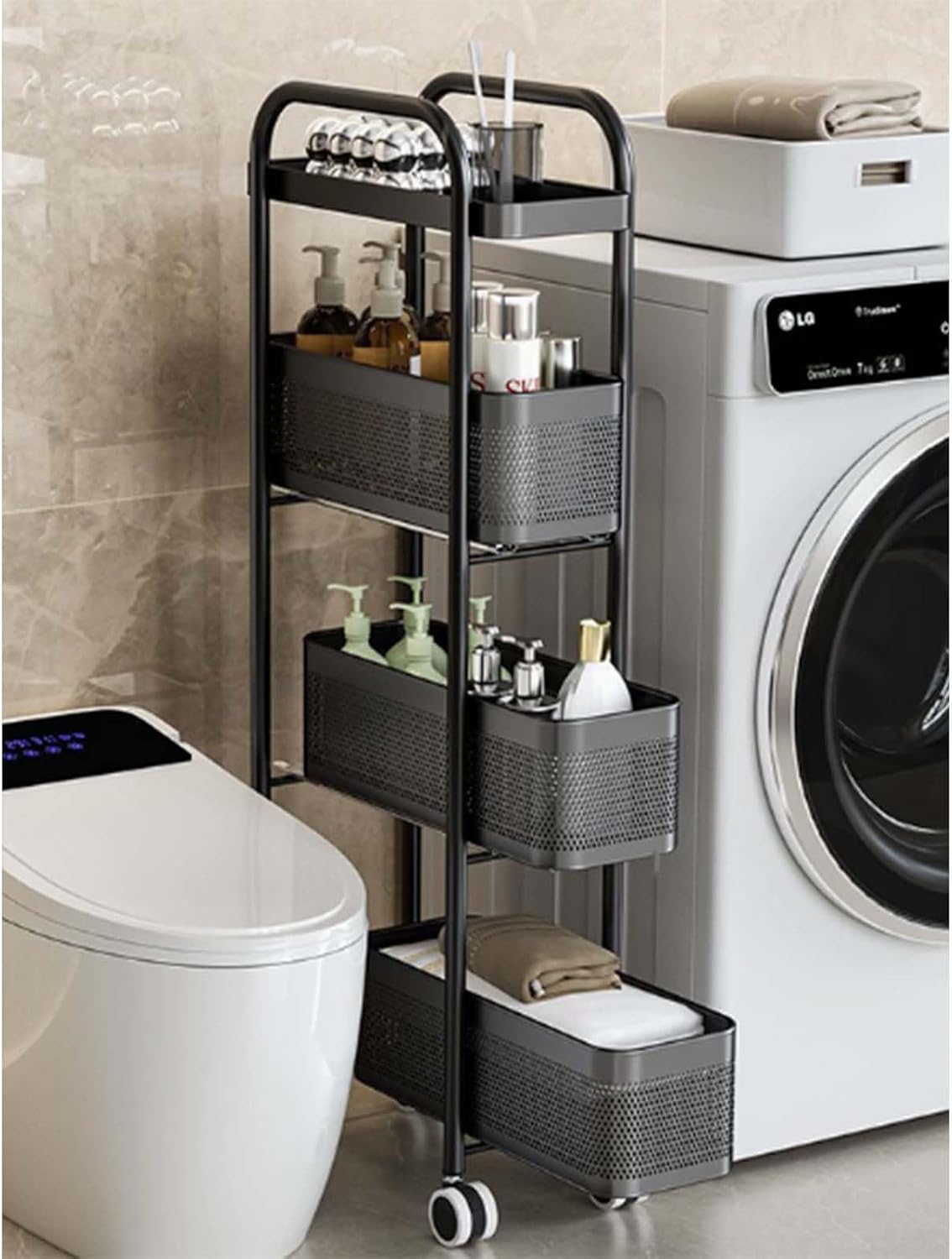 Utility Slim Storage Cart, Kitchen Storage Rolling Cart with Lockable Wheels, for Bathroom, Laundry Shelves for Room Organization, Small Organizer for Kitchen, Office and Dorm,Black,5 Fixed Layers