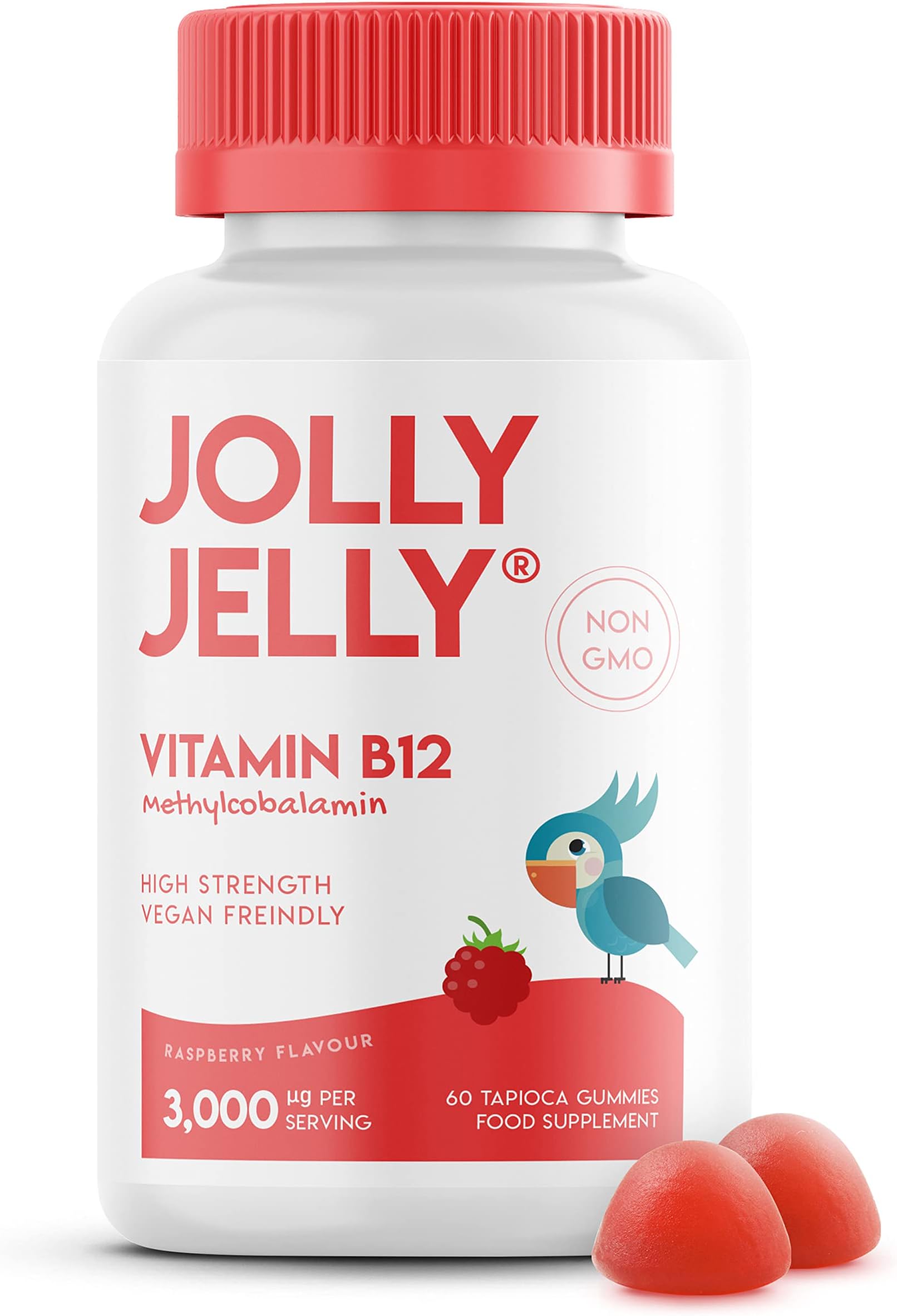 Vitamin B12 Tapioca Gummies - 3,000mcg - High Strength Methylcobalamin Gummies - Non-GMO, Gluten Free, Raspberry Flavour - 60 Vegan Gummies. 1 Pack