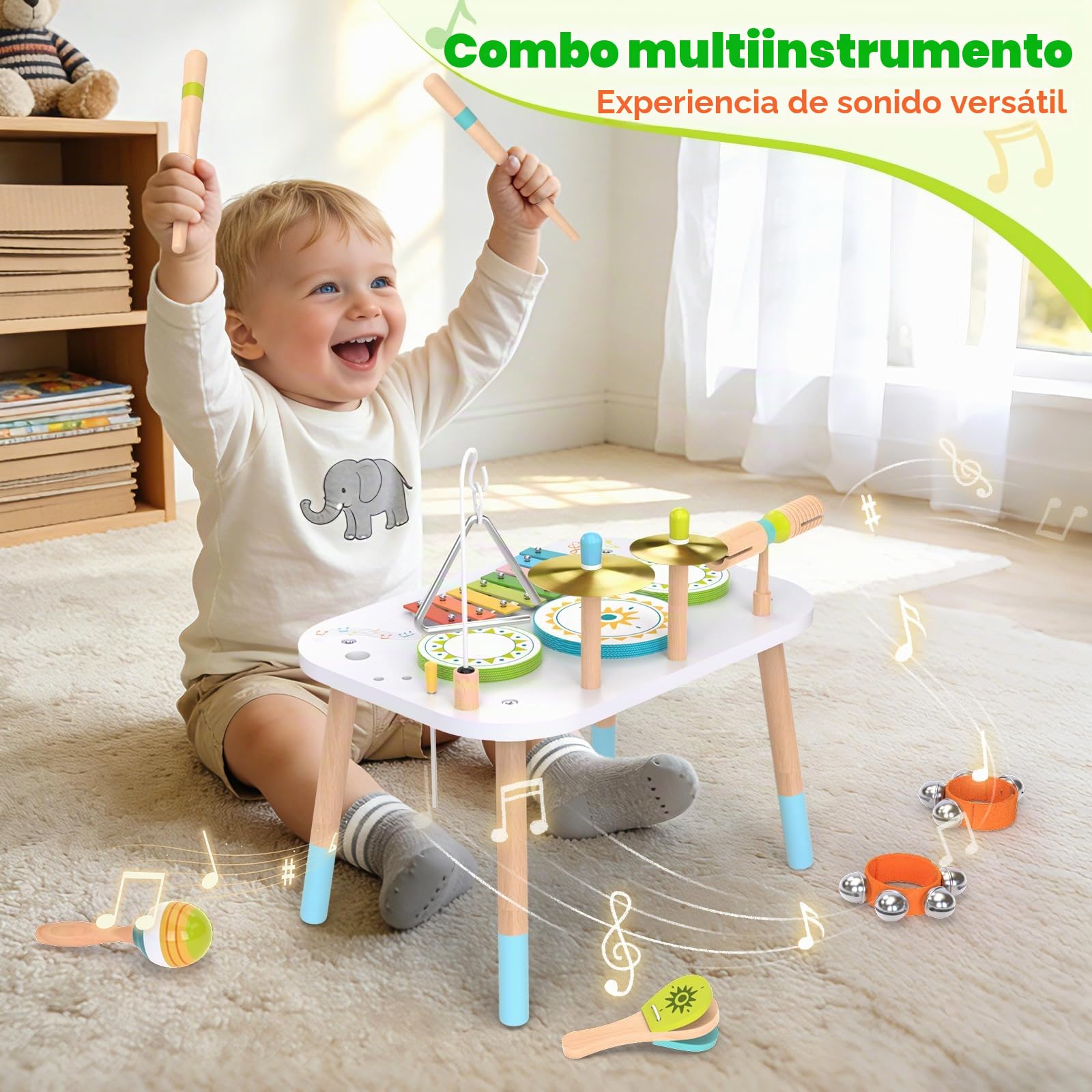 Batería 12‑en‑1 para Niños 1‑3 Años, Mesa Instrumentos Musicales Bebé, Juguetes Madera Montessori con Xilófono, Bongos, Platillo, Maracas & Cascabeles de Muñeca, Regalo Cumpleaños Niño Niña 1 2 3 Años