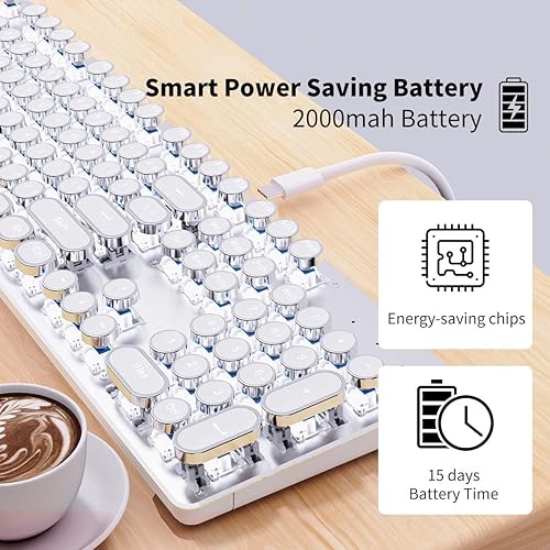 Miniatura 7 de TK950 Combo de teclado y mouse inalámbricos con máquina de escribir y mouse, teclado mecánico retro de 104 teclas con retroiluminación blanca,