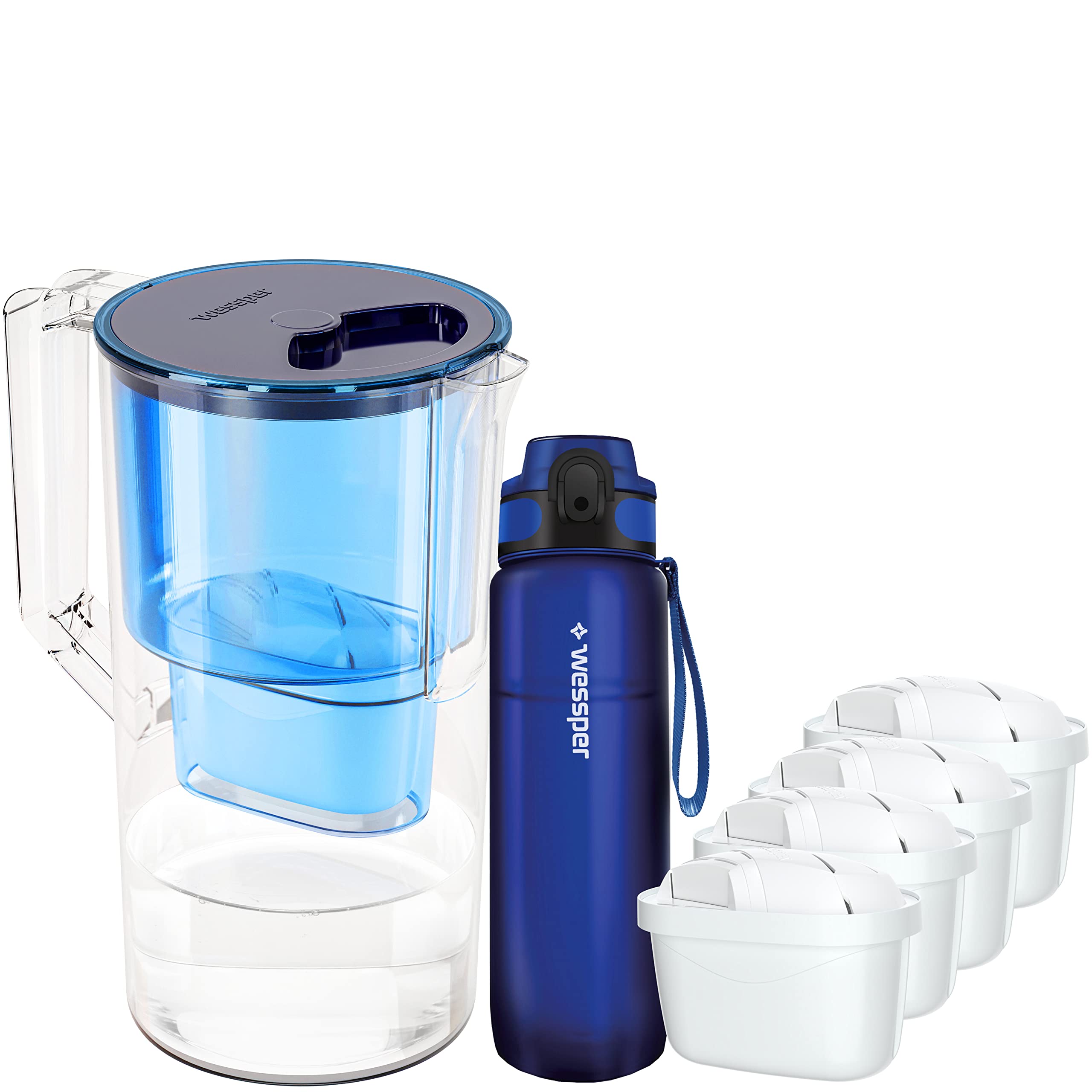 Wessper Zestaw Dzbanek Filtrujący 2,5L | Butelka na Wodę z Tritanu Motywacyjna 500 ml z Miarką Czasu | 5 Filtr do wody zamiennik dla Dafi Unimax Aquaphor A5 BRITA Maxtra+ PHILIPS AWP212/10 | Niebieski