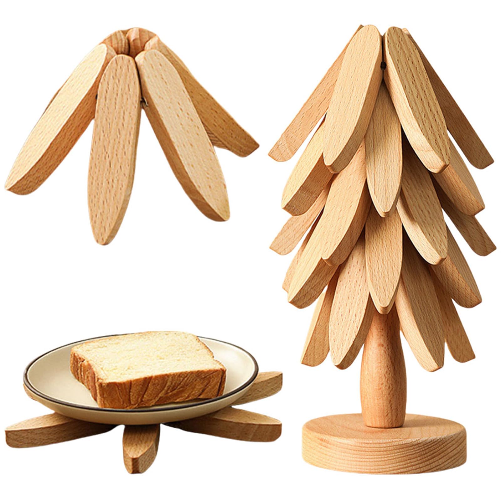 Natural Wood-5Pcs Wooden Trivet Tree Set-Christmas Tree Trivet With 5 Natural Wooden Trivets & 1 Stand Stored Like A Christmas Trees,Foldable Kitchen For Hot Pots,Pans,Bowl,Teapot（Natural Wood-5Pcs）