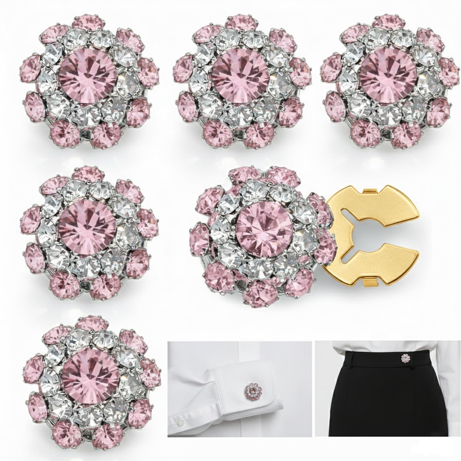 CONBOLA 6 Pcs Button Covers for Women Blouses - Rhinestone Button Covers for Women, 17.5mm Flower Crystal Clips, DIY Jewelry for Crafting Clothing (Pink)