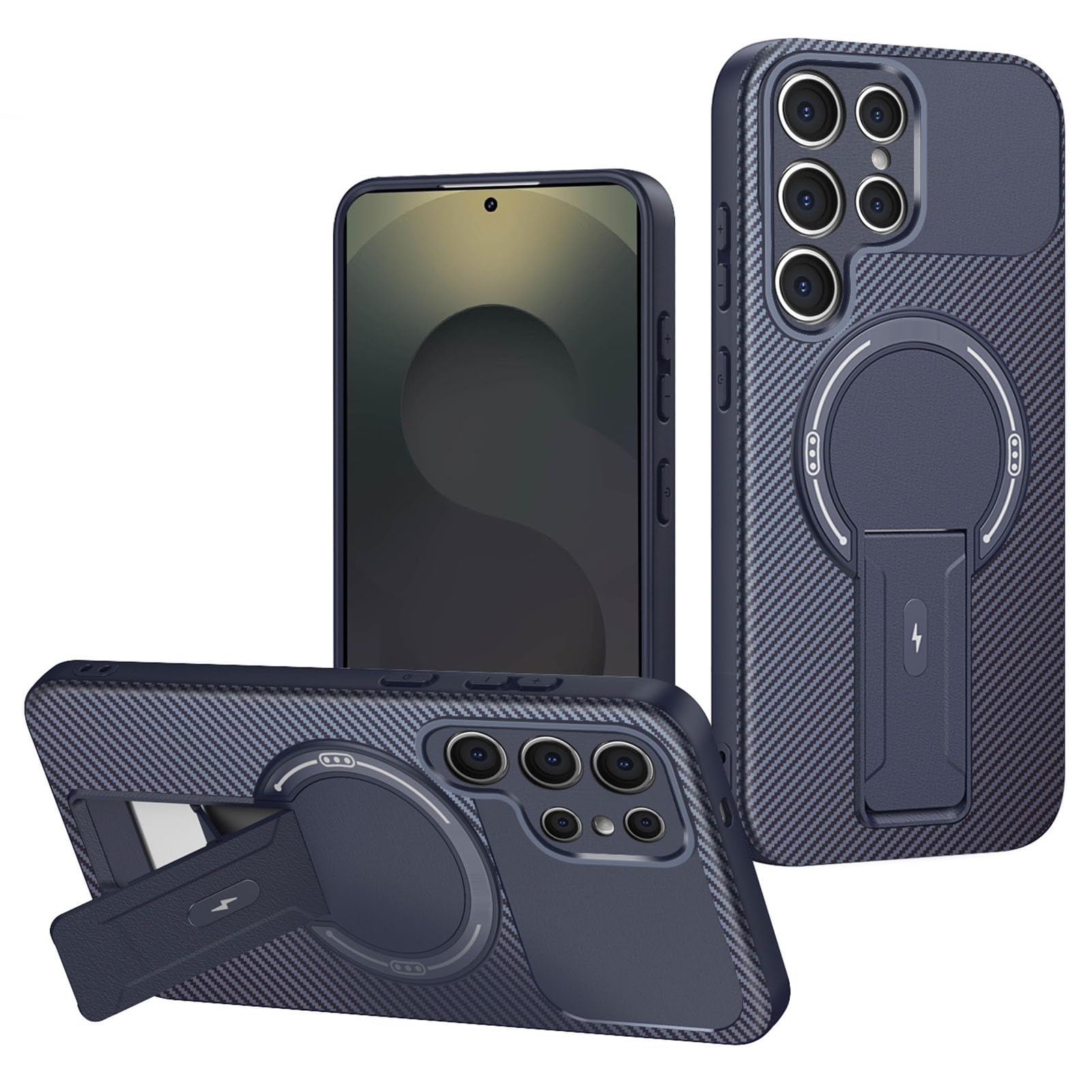 Coque rigide Samsung S26 Ultra béquille et texture carbone bleue