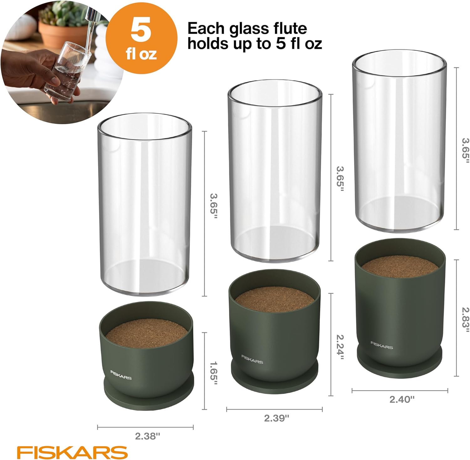 Fiskars Plant Propagation Set, Glass Vases with Metal Stands for Rooting Cuttings, Hydroponic System for Growing Plants in Water & Decorative Display for Indoor Garden Decor, 3 Pack, Clear