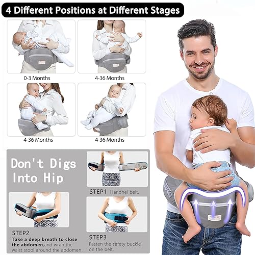 Miniatura 5 de Portabebés de cadera con asiento plegable de 180 pulgadas hacia arriba y hacia abajo para bebé, correas ajustables también como extensor de cintura,