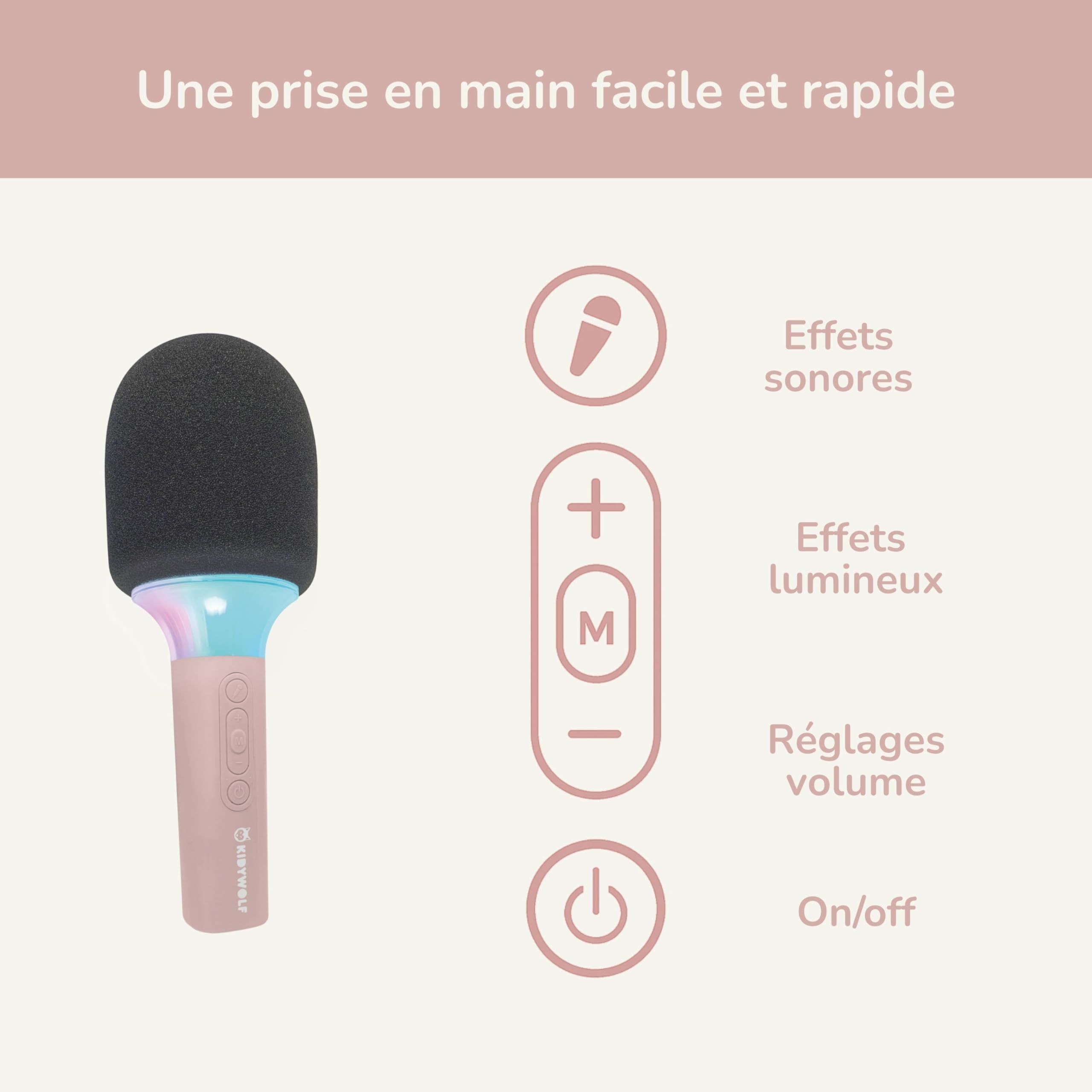 KIDYWOLF Kidymic Rose – Micro Karaoké Enfant Bluetooth avec Effets Sonores et Lumineux – Microphone Ludique pour Chanter, S’Amuser et Créer en Famille
