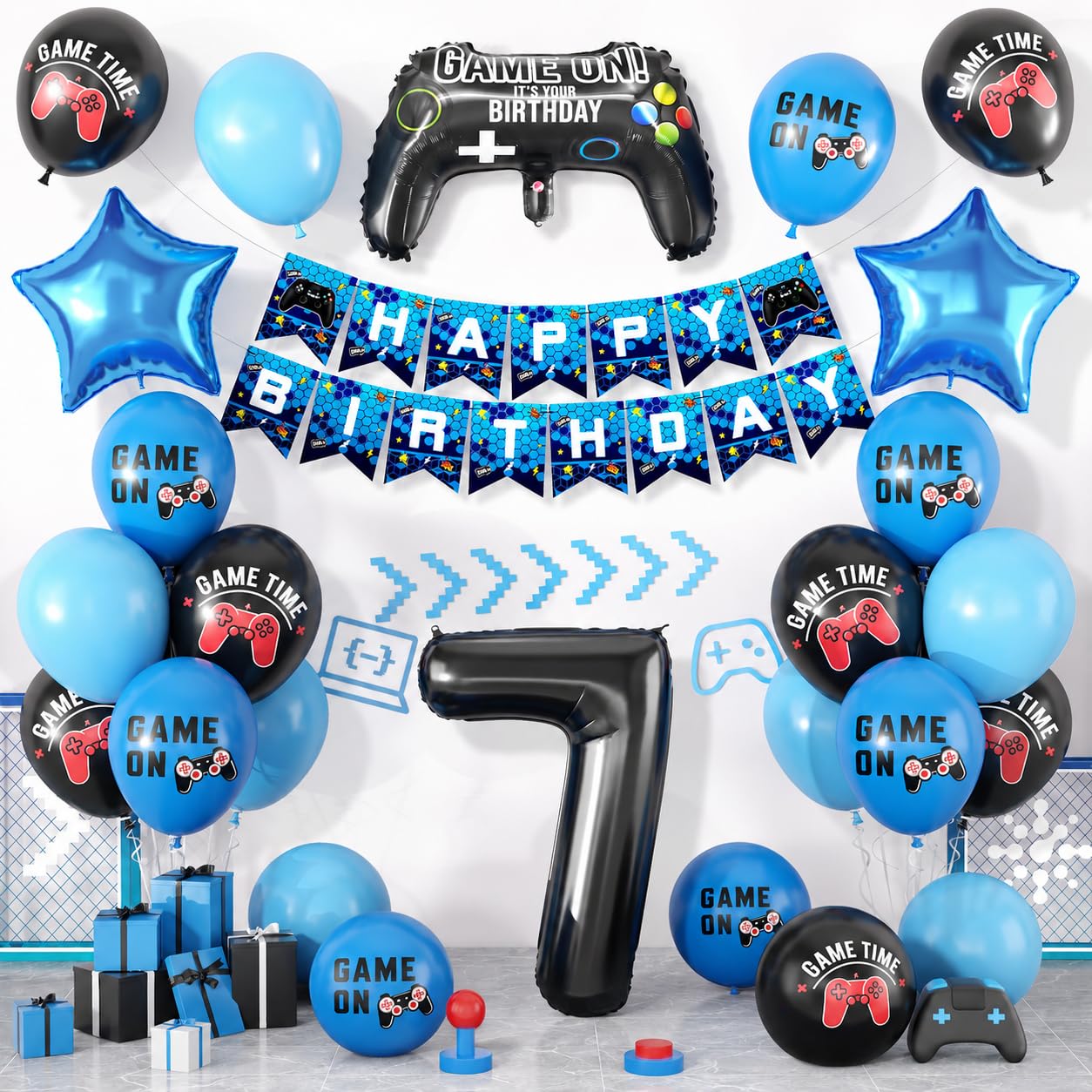 7th Birthday Decorations for Boys, Video Game Party Balloons Blue Black — image 1