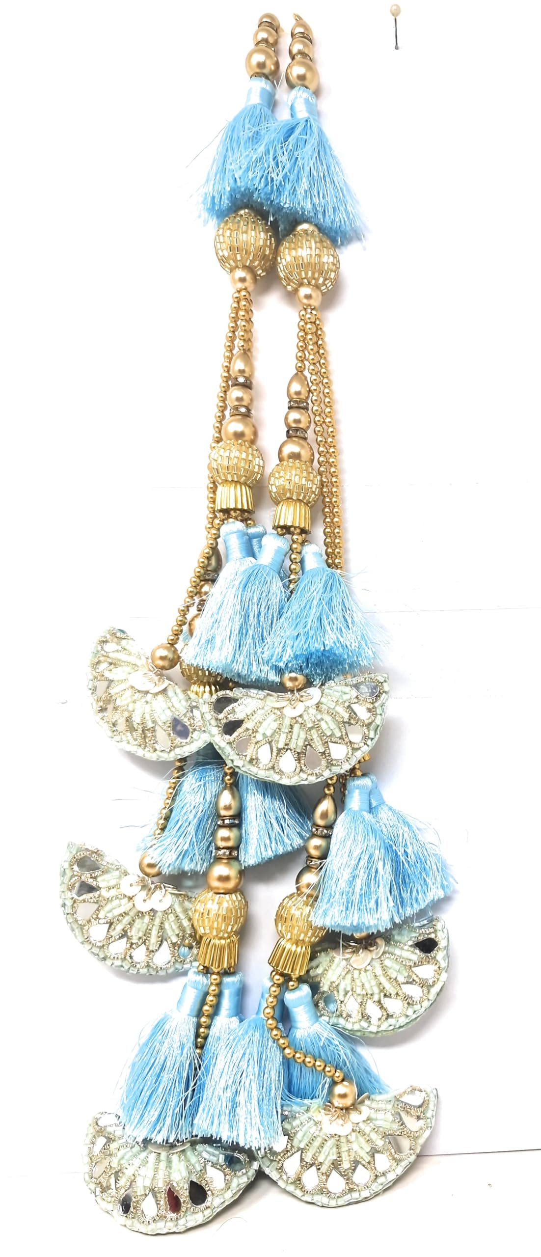 Inhika Latkan for Lehenga, Heavy and Long, Export Quality Side Hanging Ornament, Set of 2 Tassel (Blue Colour, 40 cm Long, zari, Pipe, Mirror Work, Pastel Scheme)
