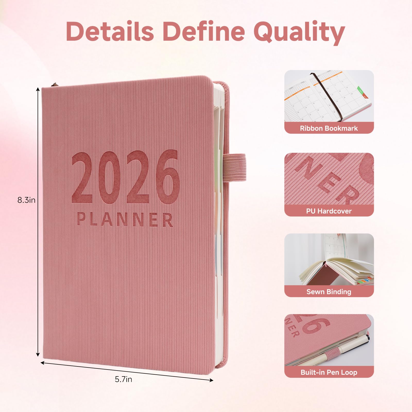 Picoway Agenda 2026, tamaño A5, 400 páginas, color rosa, calendario diario semanal y mensual con papel grueso, una página completa por día, de enero de 2026 a diciembre de 2026, cuaderno de tapa dura
