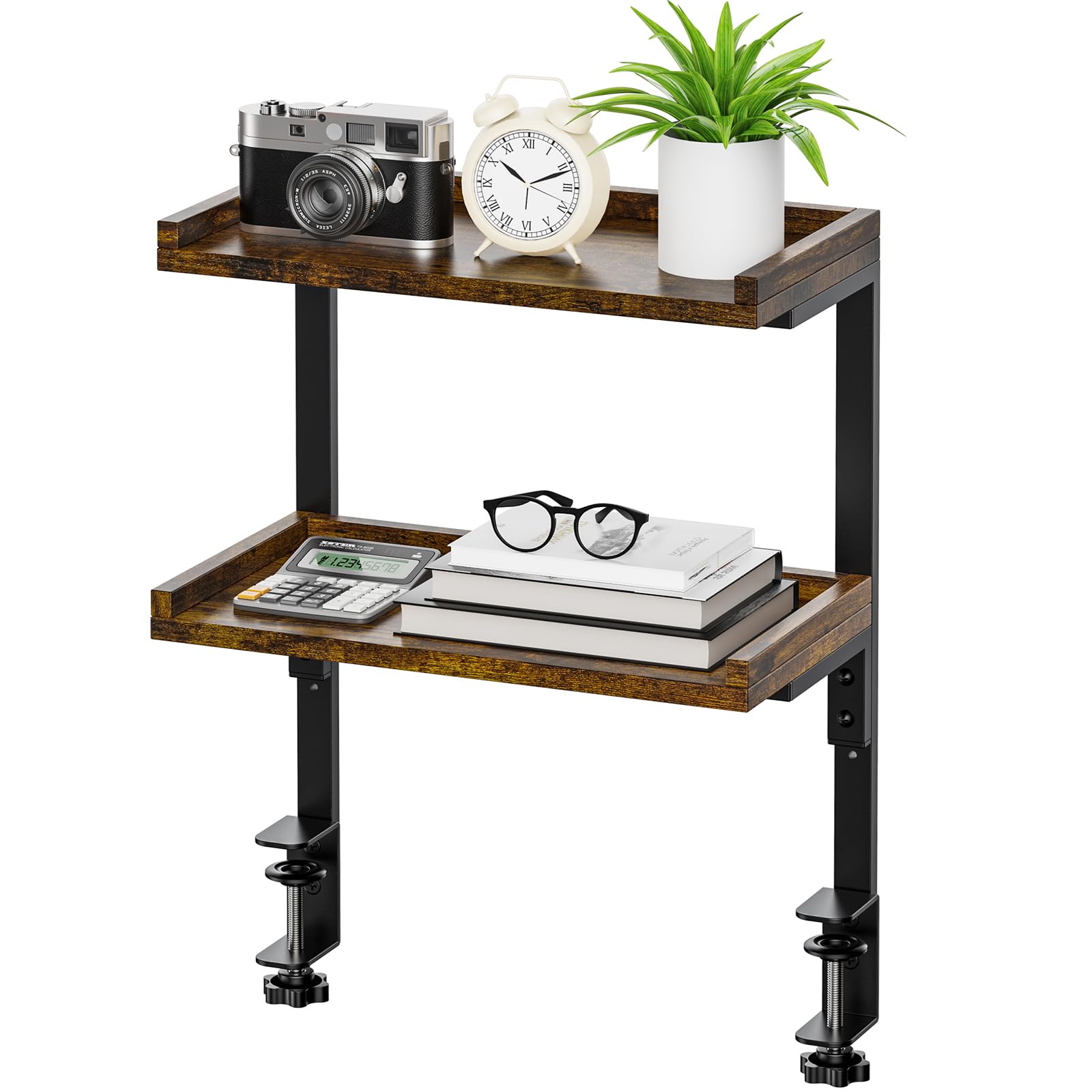 THYGIFTREE 2 Tier Clamp On Desk Shelf Organiser, 32 x 18 cm, Brown