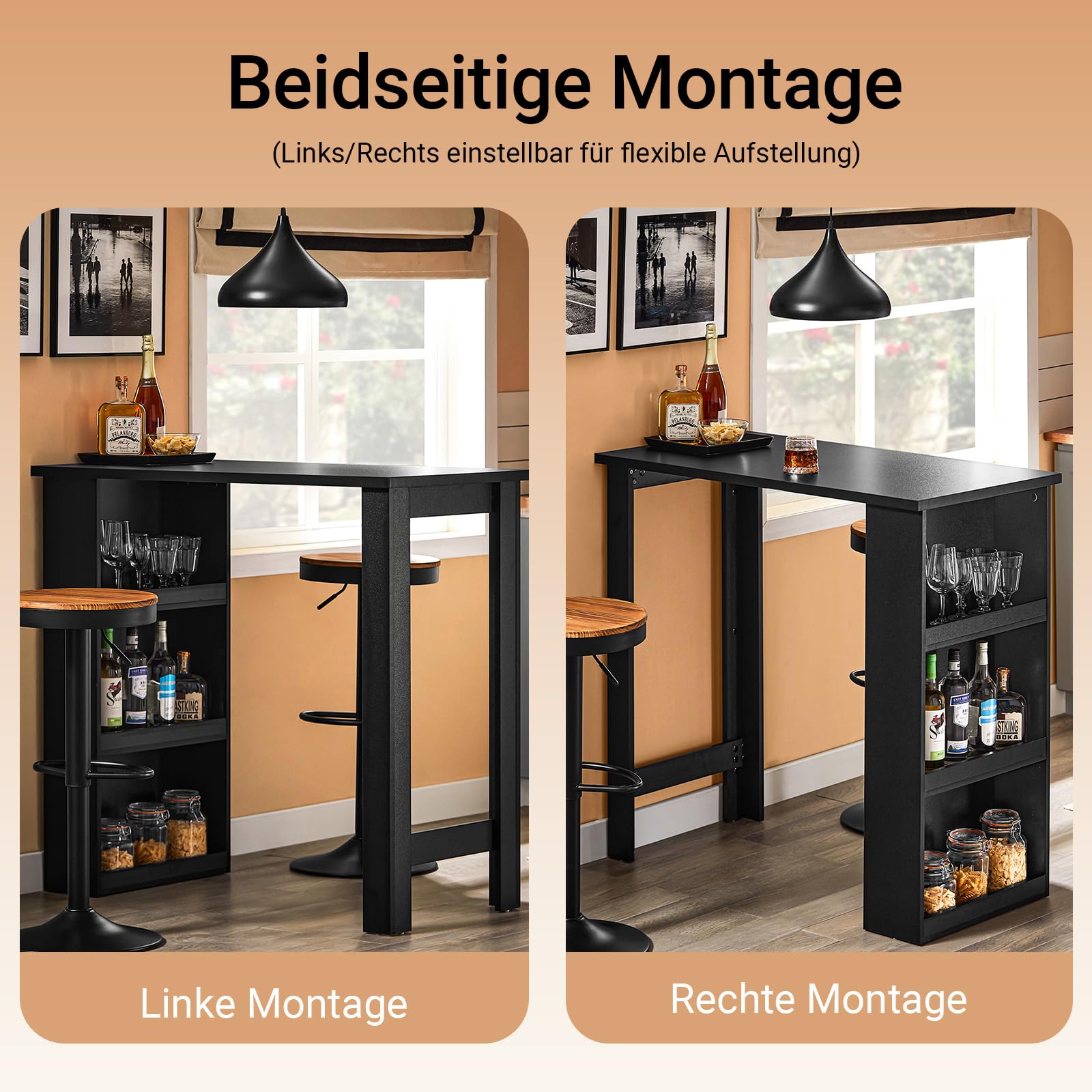 SoBuy Küchentheke Bartisch mit 3 Ablageflächen, Stehtisch für Kleine Räume, Hoher Tresentisch für Küche, Wohnzimmer oder Büro Schwarz 112 x 106 x 57 cm FWT17-II-SCH