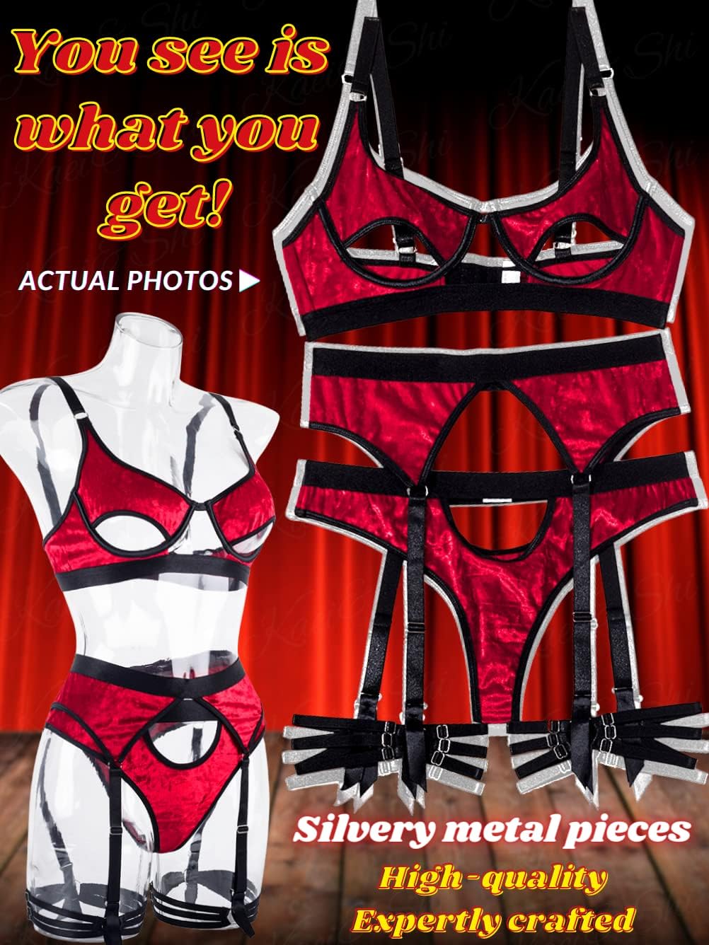 Kaei&Shi Strappy Lingerie Garter Set,Sexy Valentines Outfit for Women Naughty,Lenceria Para Mujer Honeymoon Boudoir,Red Velvet,XX-Large - Image 3