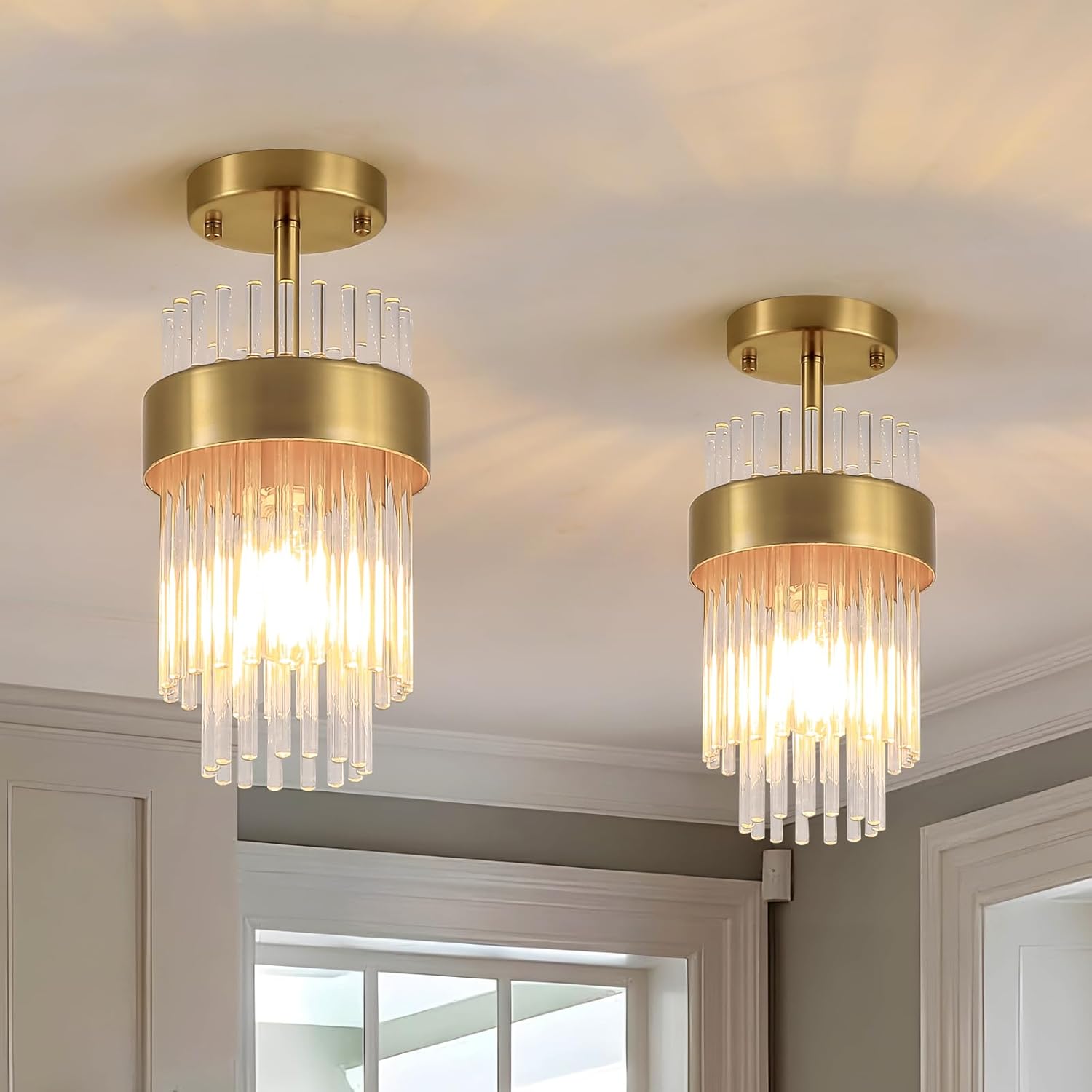 Gold Semi Flush Mount Ceiling Light 2 Pack,2-Tiers Modern Ceiling Light Fixture with Crystal Glass Rods, Mini 1-Light Chandelier Lamp for Kitchen Hallway Entryway Porch Foyer