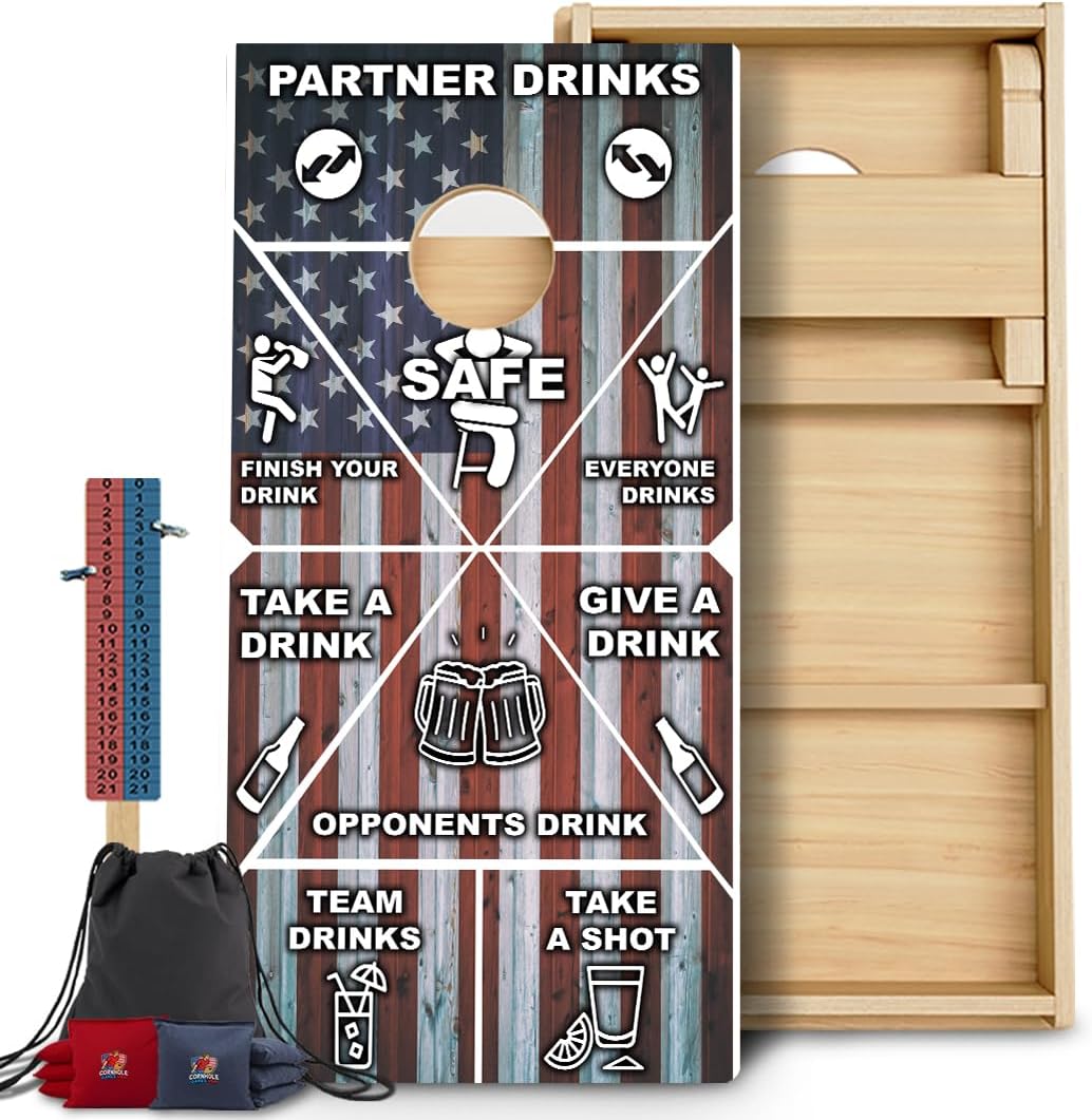 CornholeGamesUSA Pro Cornhole Boards Set | Made in USA | 3/4 Baltic Birch | No Bounce | Triple Thick Legs | Two Brace & Handles, Tournament 2x4 Regulation Set with Score Tower & Cornhole Bags