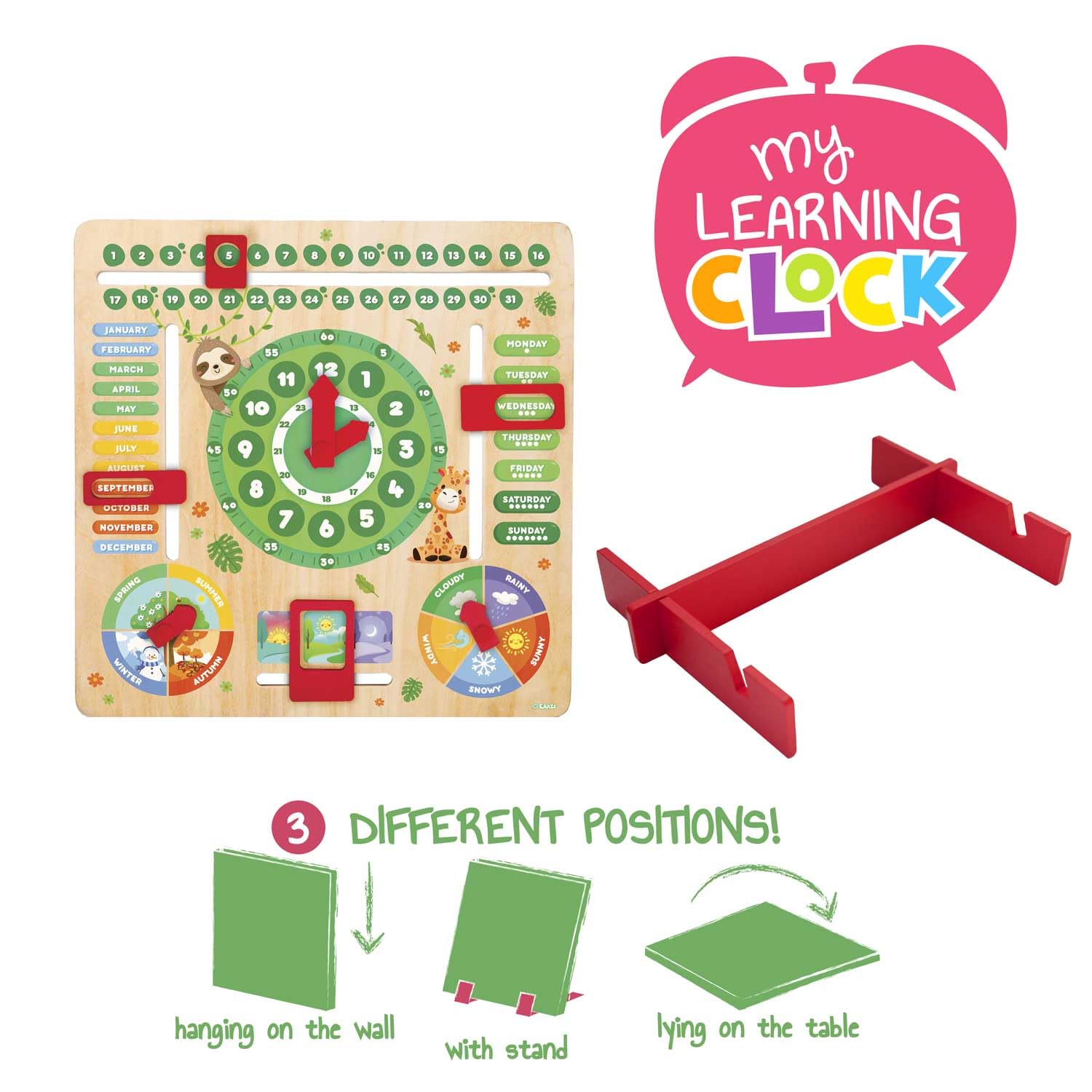 CRAZE Reloj de Aprendizaje en Inglés para Niños, Horas, Clima, Meses, Días de la Semana... Juego Educativo Fabricado en Madera, con Diseños de Animales