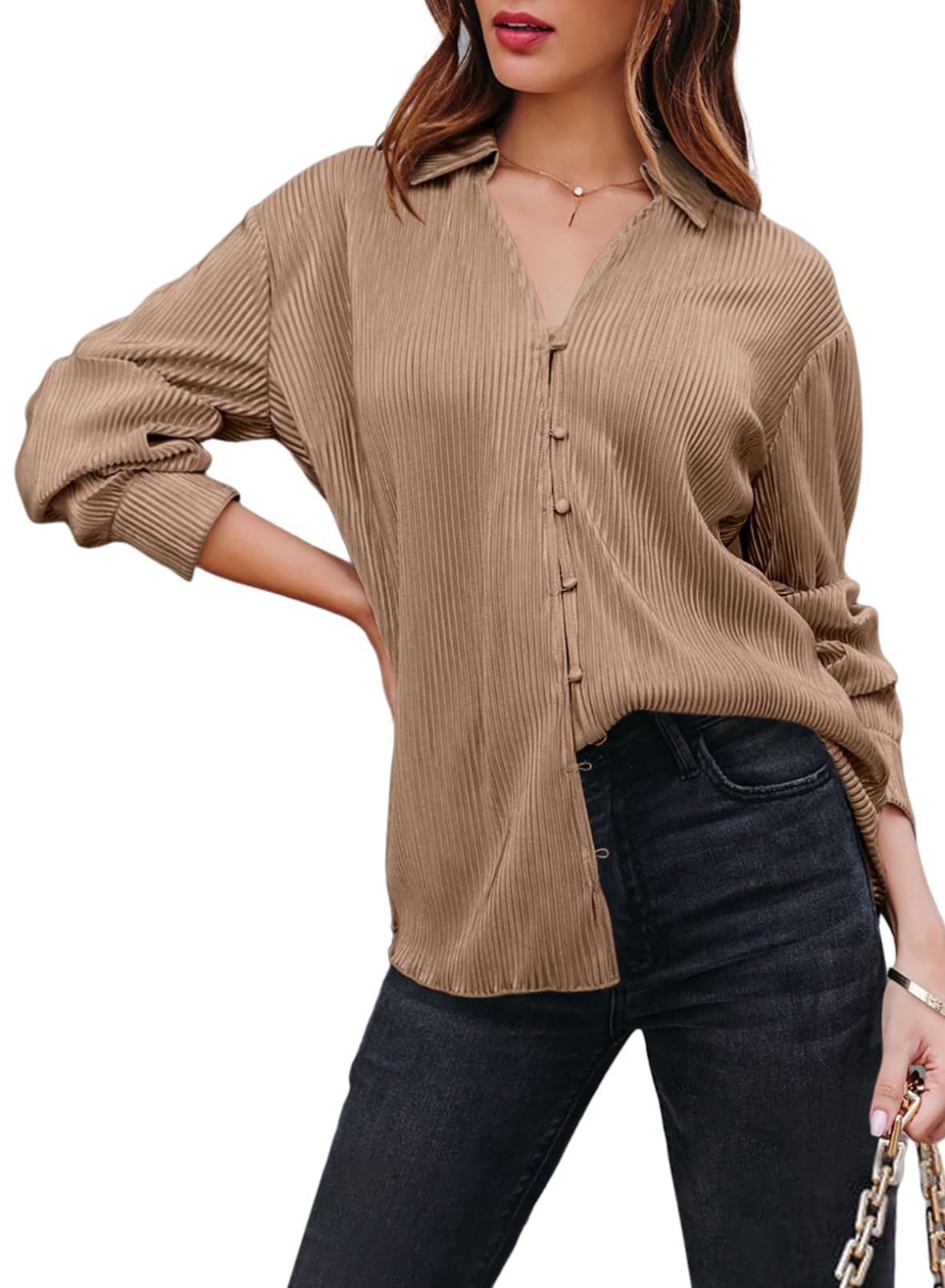 Astylish Women Elegant Blouse Long Sleeve Plisse Button Down Shirt Women Clothes Fashion