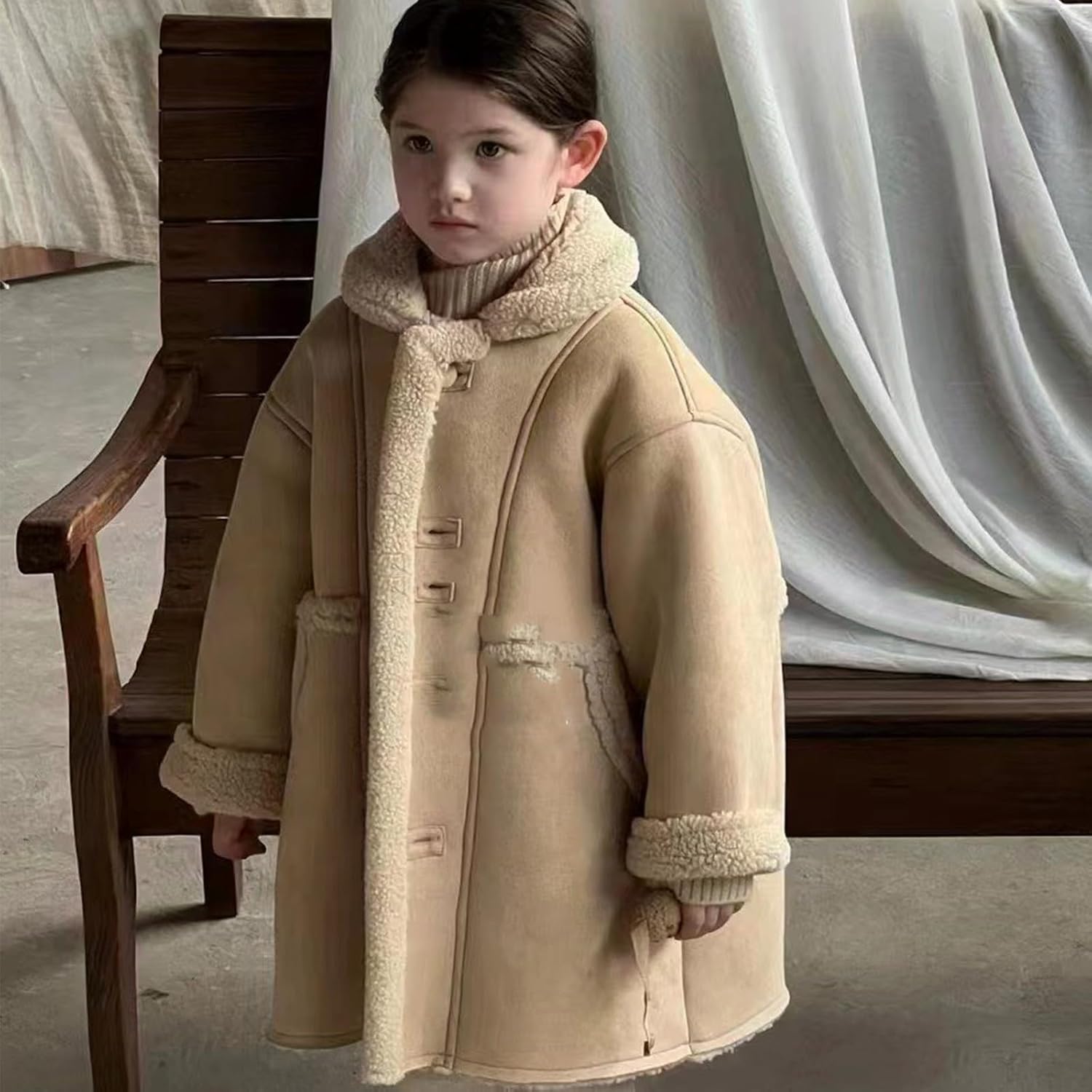 Girls Fuzzy Long Coats Button Down Lapel Collar Thicken Fleece Lined Warm Winter Plush Outerwear With Pockets