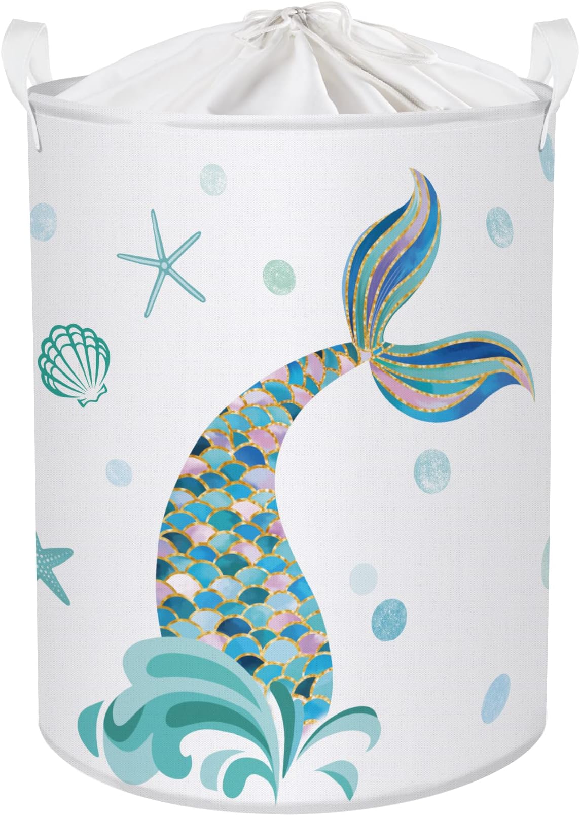 Clastyle 45L Adorable Kids Mermaid Laundry Hamper Blue Seashell Starfish Collapsible Laundry Basket with Drawstring Waterproof Sea Theme Toys Storage Basket with Handle, 14 * 17.7 in