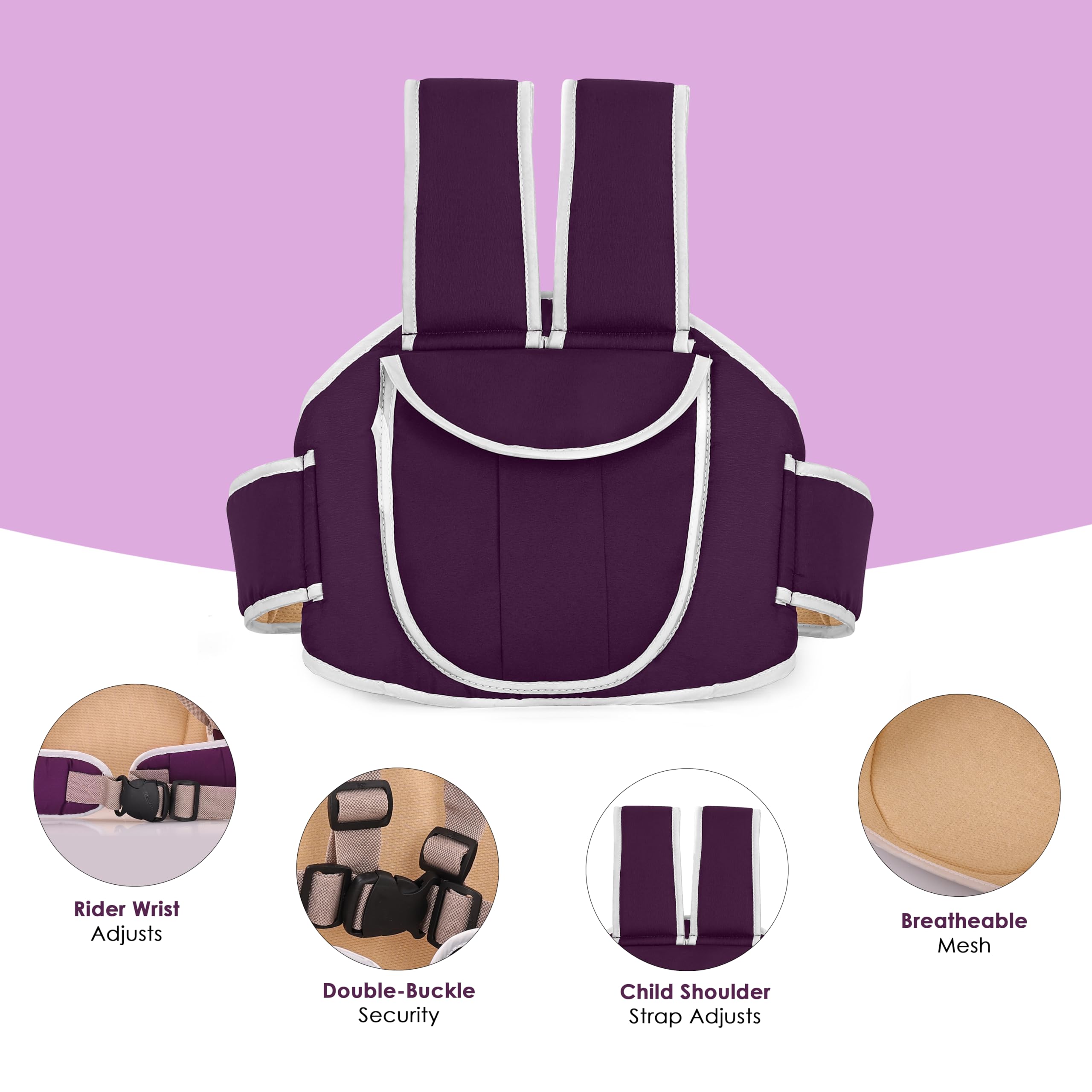 BabyGo Kids Safety Belt for Two Wheeler with Reflective Strips, Portable Baby Safety Belt for 2 Wheeler| Double Buckles for Extra Safety for Kids (Purple) 2
