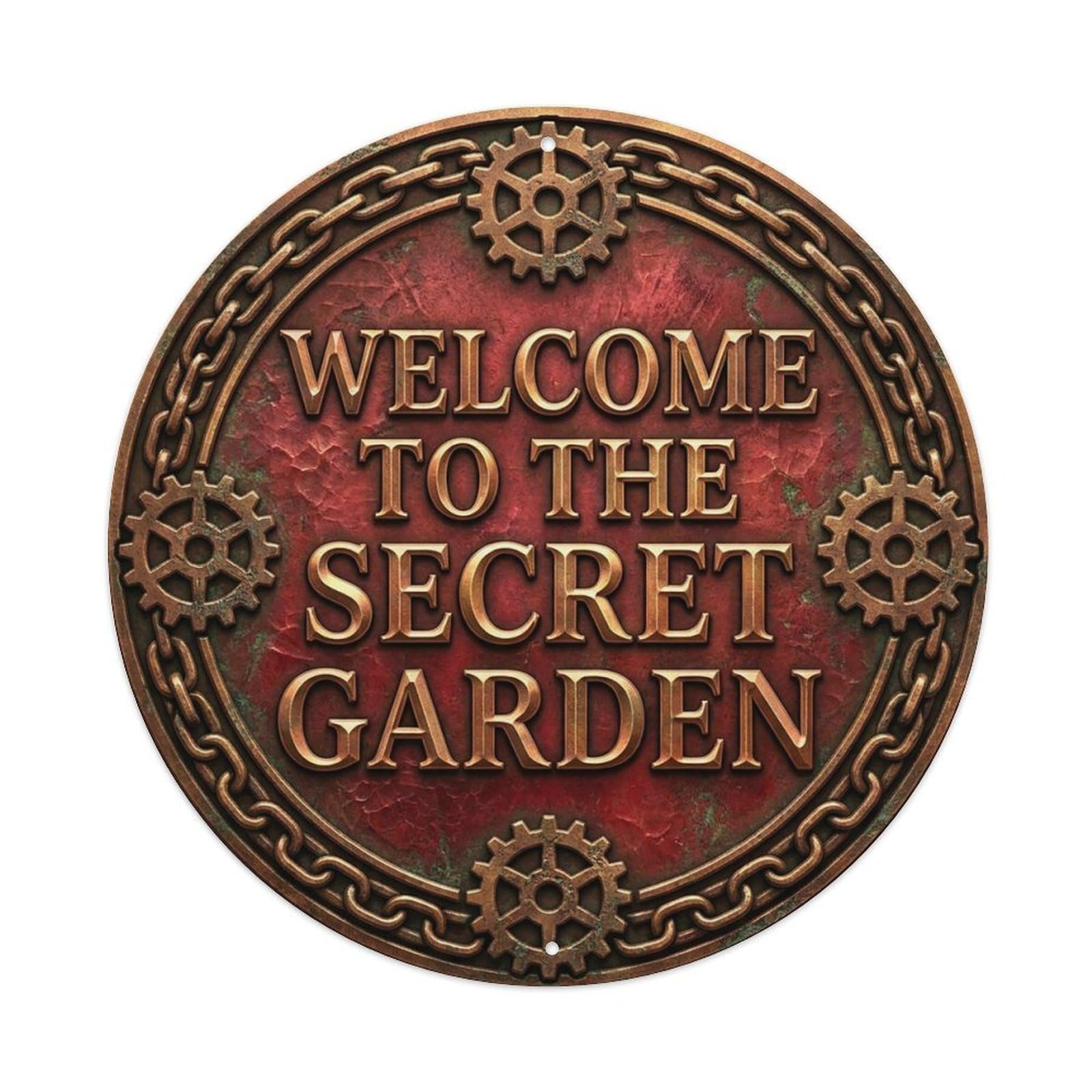 Vintage Welcome Secret Garden Bronze Crimson Forged Metal Tin Sign