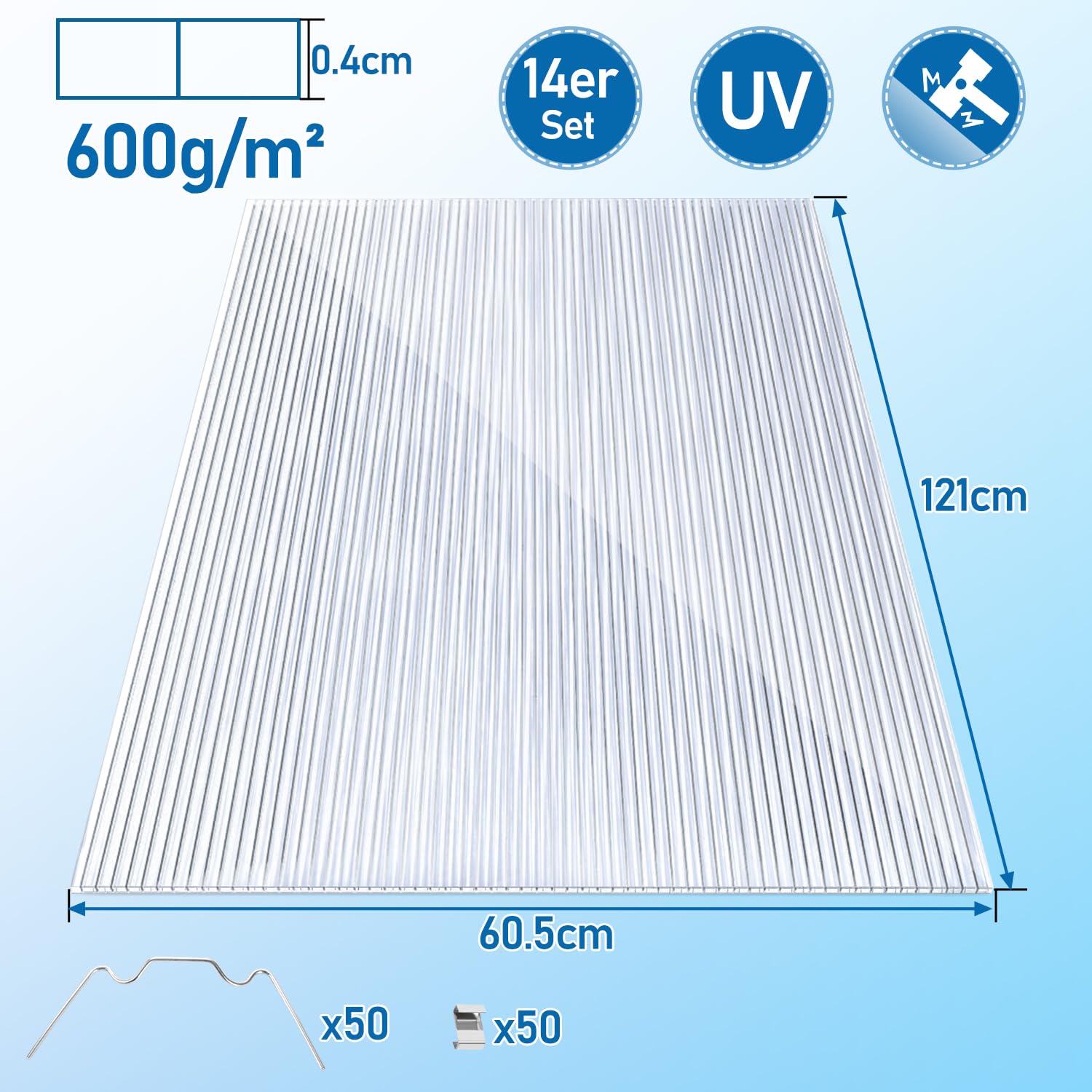 Fiqops 14 planchas alveolares de policarbonato 4 mm, 10,25 m², doble puente 121 x 60,5 cm, resistente a golpes y rayos UV, para invernadero