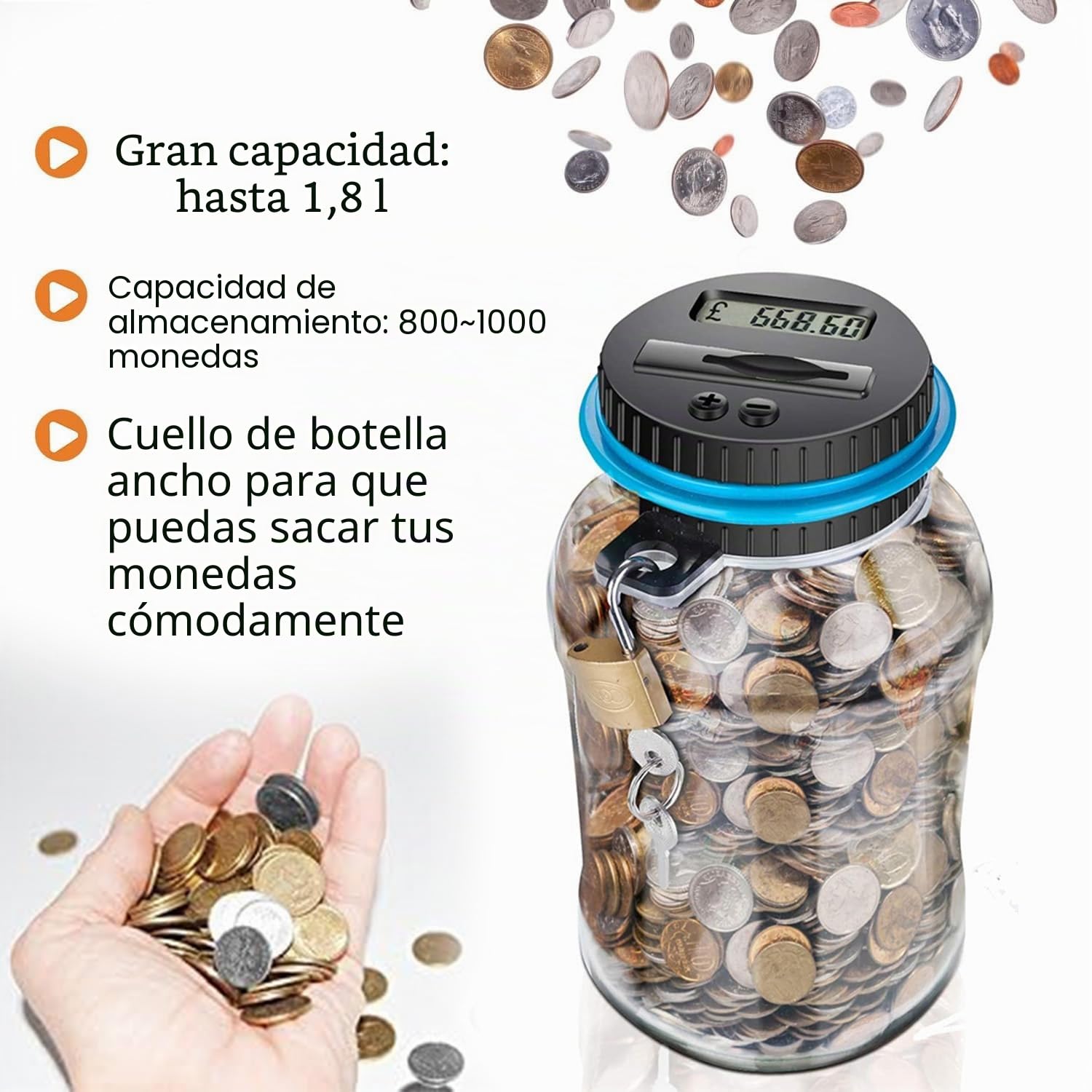 Hucha Digital con Contador, 1,8 L Banco de Monedas, Hucha Electrónica de para Euros, Bote Automática para Contar Monedas y Ahorrar Dinero con Cerradura, Caja de Moneda con Pantalla LCD de Alcancía