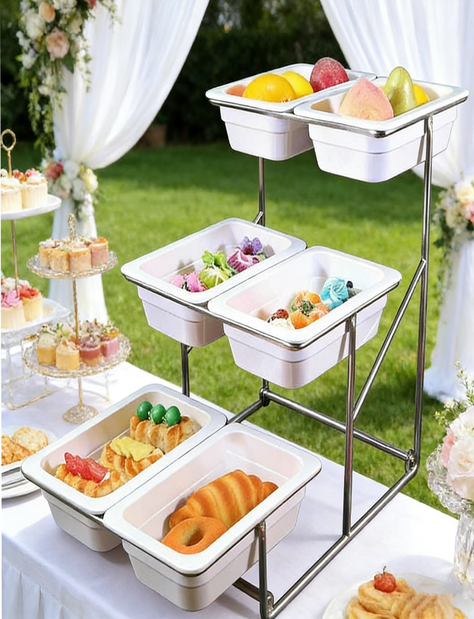 Zykuosus 3 Tier 6-Compartment Dispenser with Metal Frame and Crack-Proof Trays for Buffet Serving Party Events