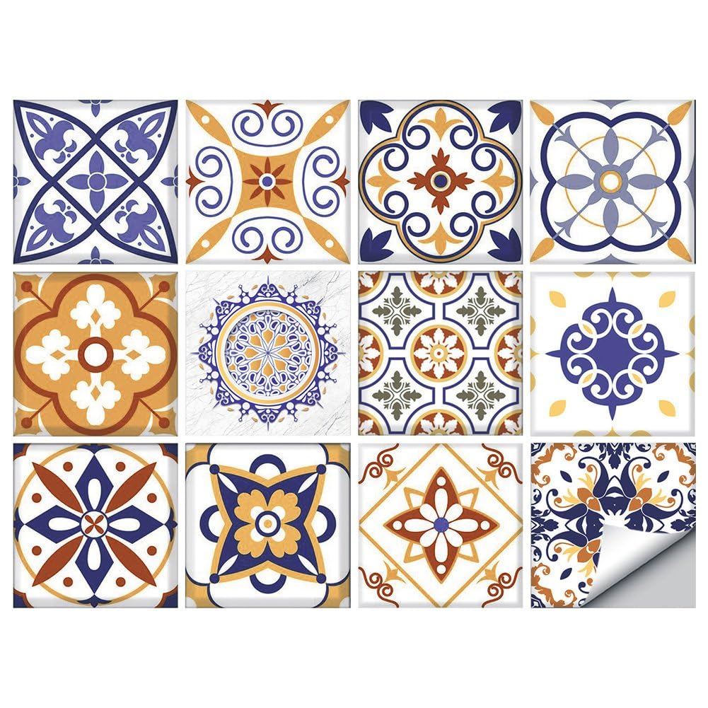 Fituenly 12pcs Colourful Moroccan Tile Stickers, Peel & Stick Self-adhesive Vinyl Wall Decals, Waterproof Geometric Mosaic for Kitchen Bathroom Backsplash