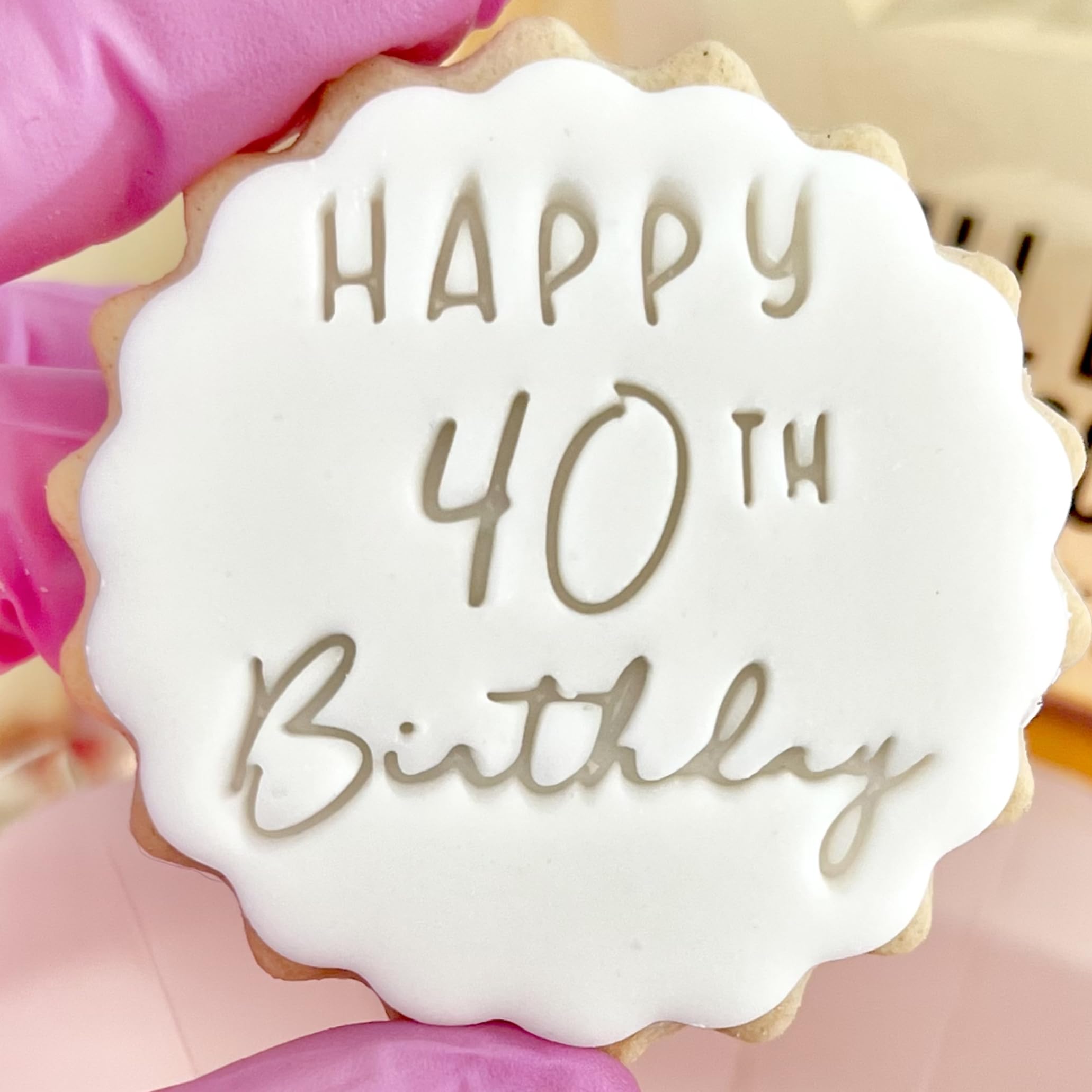 Happy 40th Birthday Cookie Cutter Stamp Embosser fits m&s Biscuits Great for Fondant Icing Forty 40 Birthday Reusable Marks and Spencers Party Favours Free Matching Cutter